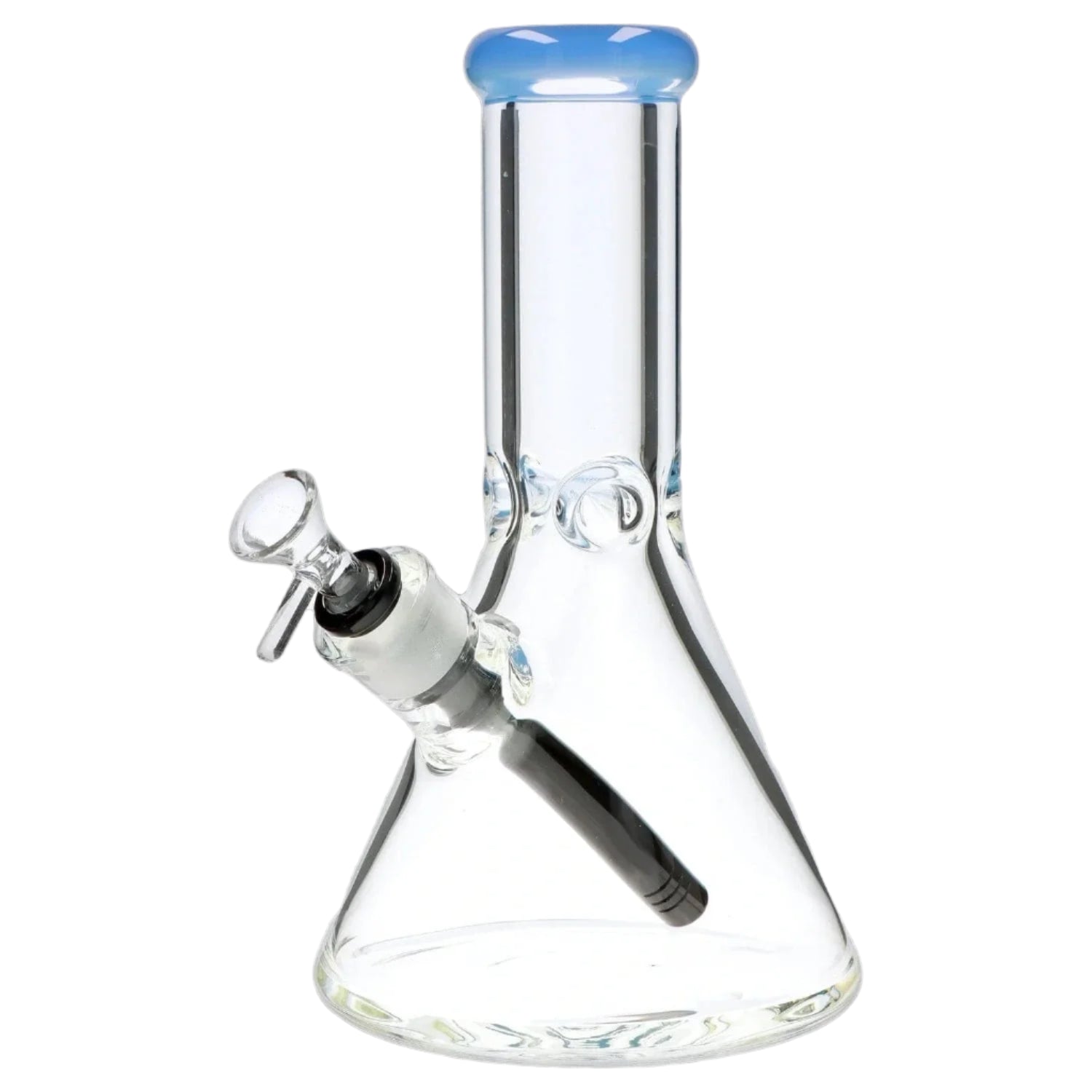 Close-up front view of the 9mm 10-inch Flat Base Beaker Bong showing its clear glass beaker body, angled downstem, and pale blue rounded mouthpiece.