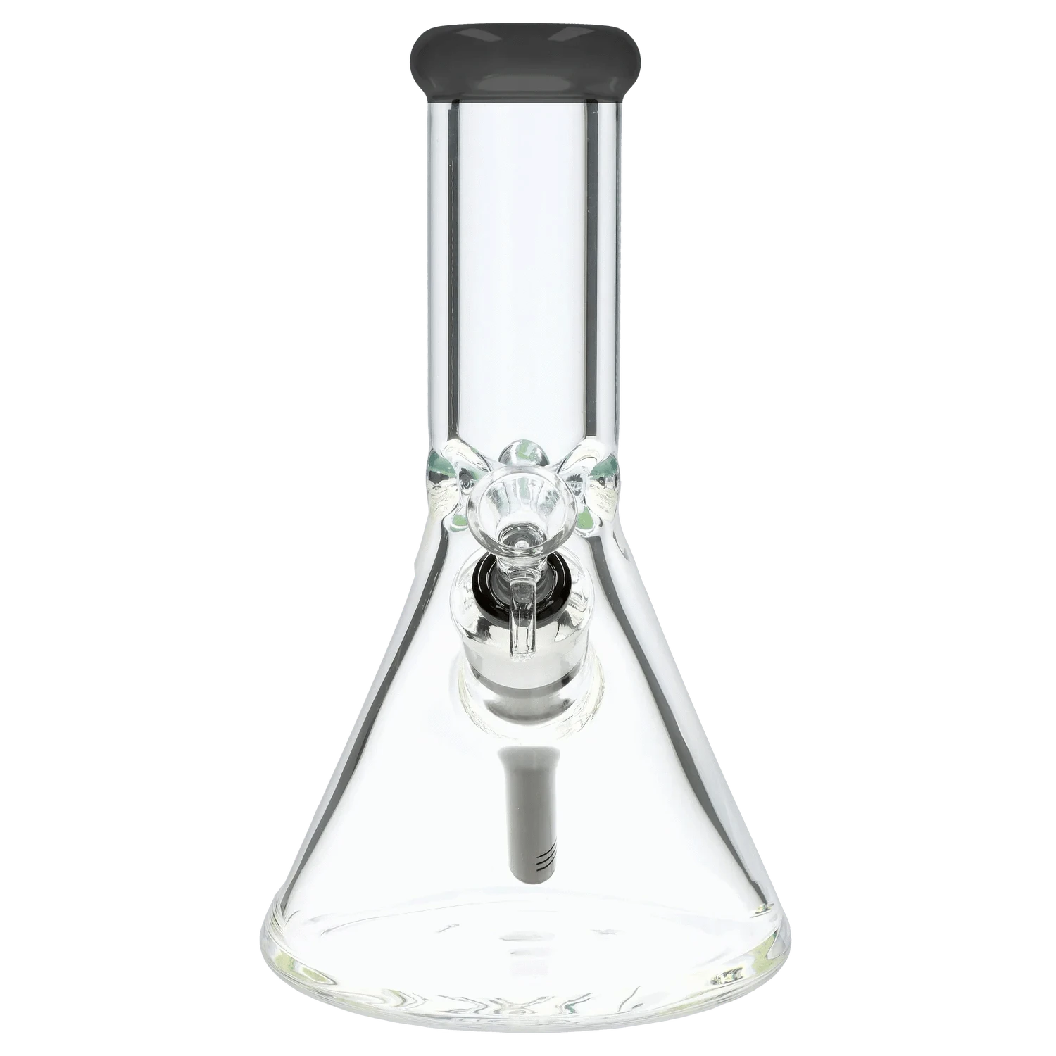 Front-facing close-up of the 9mm 10-inch Flat Base Beaker Bong showing its clear glass neck, bowl joint, and gray-rimmed mouthpiece.
