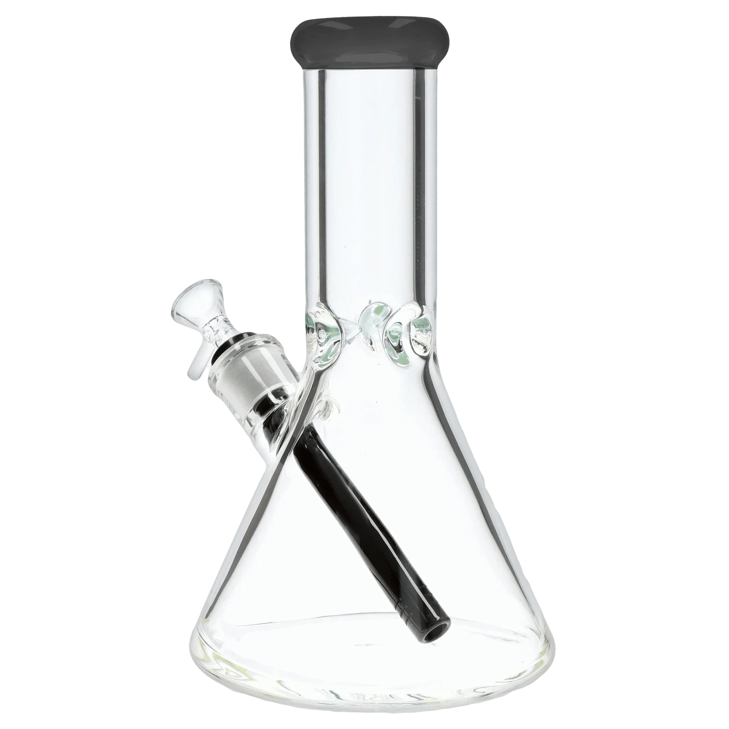 Front-facing close-up of the clear 9mm 10-inch Flat Base Beaker Bong showing its straight neck, black downstem and angled bowl.