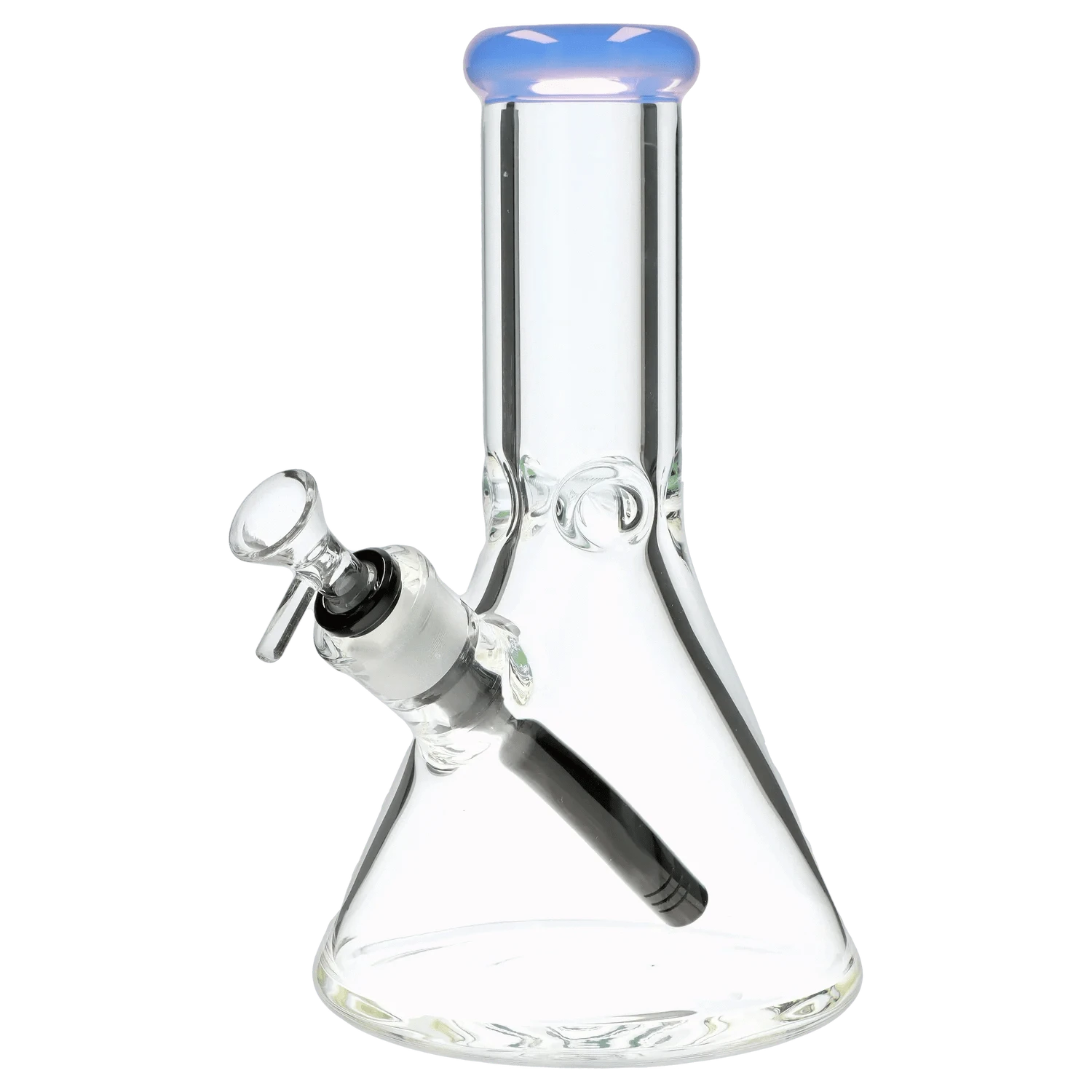 Front-angle view of the 9mm 10-inch Flat Base Beaker Bong showing its clear glass beaker body, angled downstem, and pale blue rounded mouthpiece