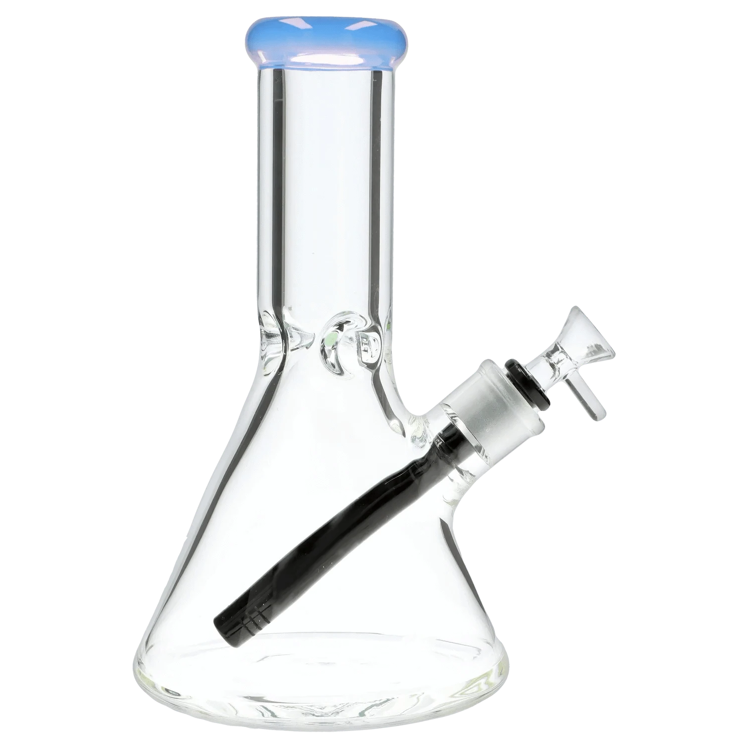 Angled close-up of the 9mm 10-inch Flat Base Beaker Bong showing its clear glass beaker body, downstem, and pale blue rim.