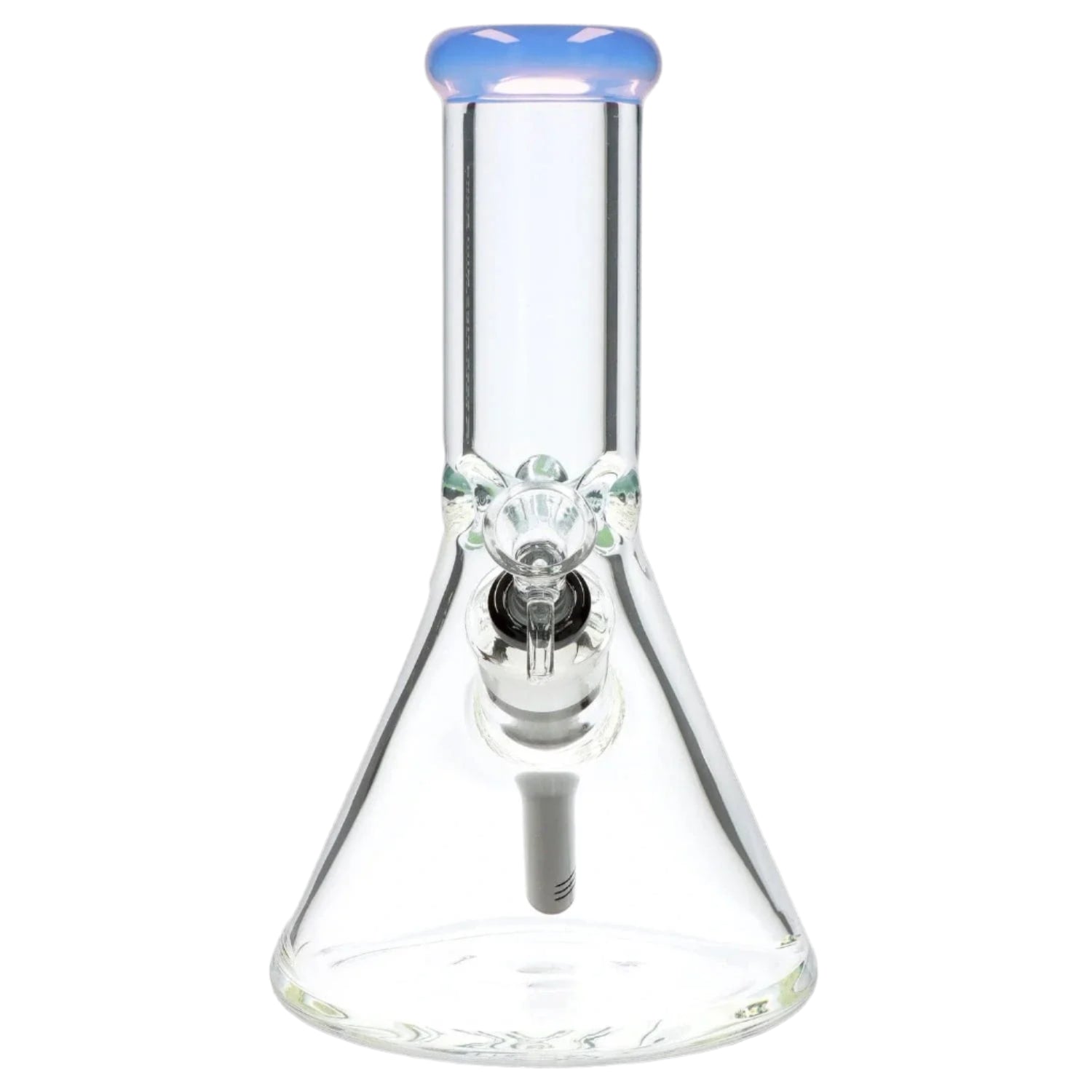 Close-up front view of the 9mm 10-inch Flat Base Beaker Bong showing its clear glass beaker body, angled downstem and pale blue rounded mouthpiece.