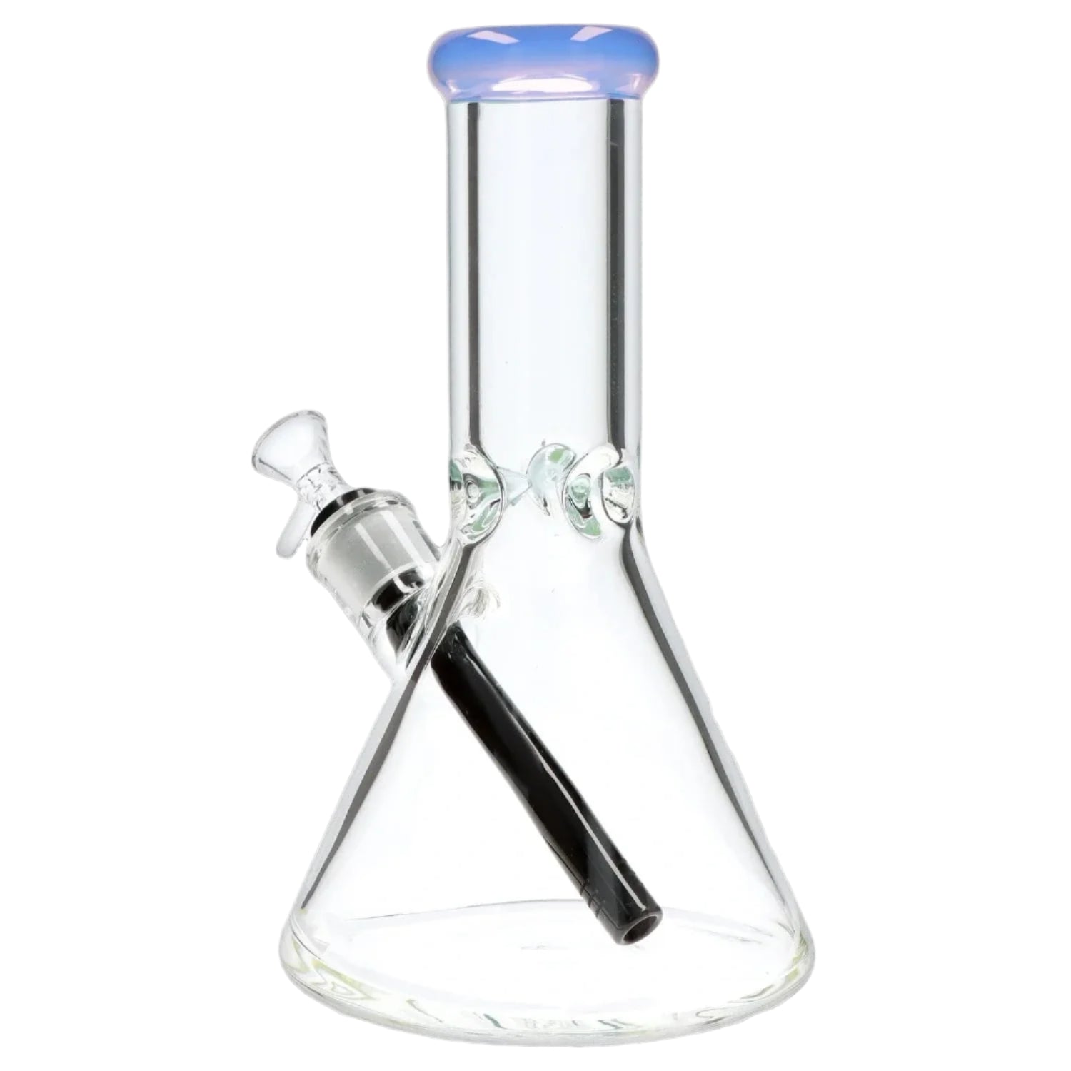 Close-up front view of the 9mm 10-inch Flat Base Beaker Bong showing its clear glass beaker body, angled black downstem, and pale blue-rimmed mouthpiece.