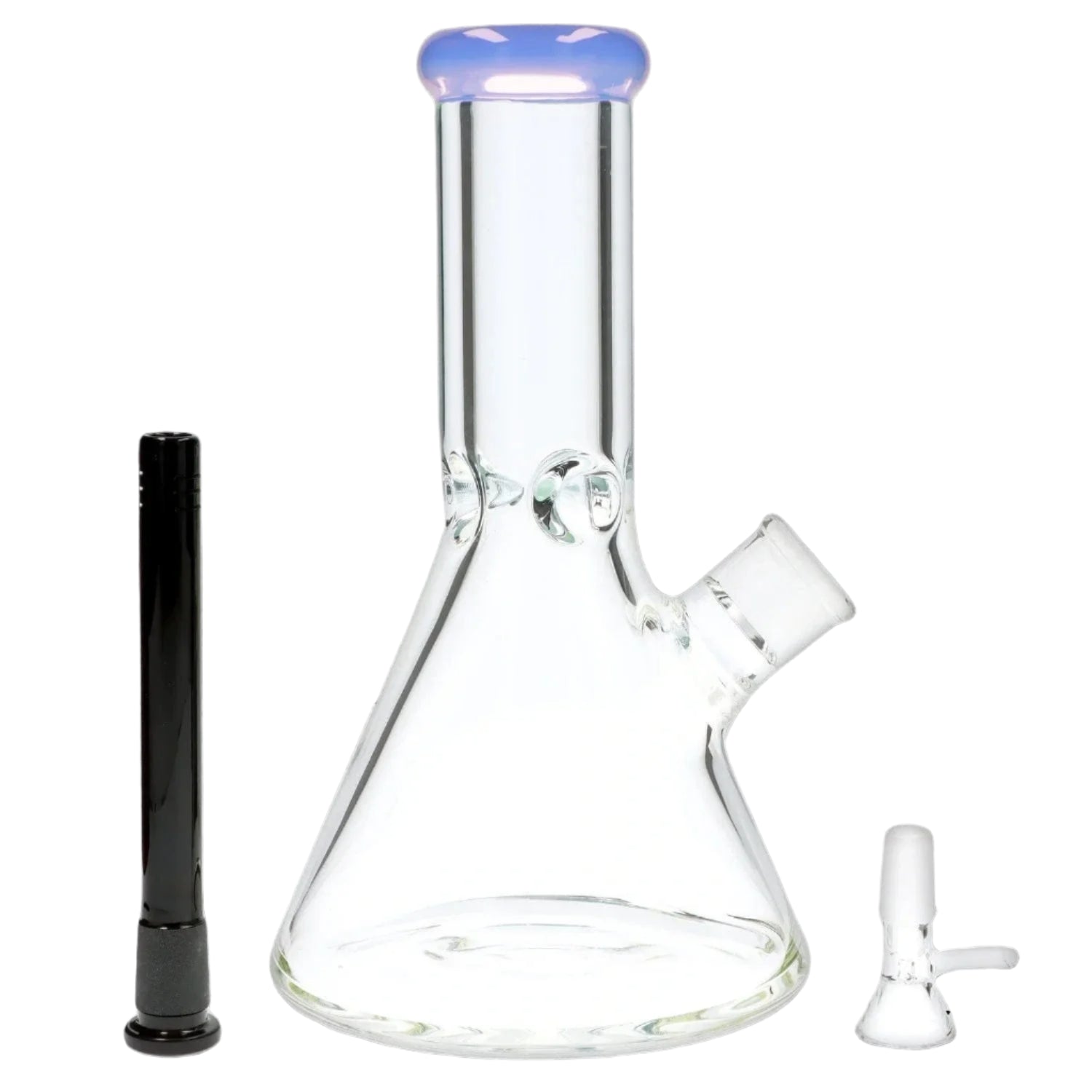 Close-up front view of the 9mm 10-inch Flat Base Beaker Bong showing its clear glass beaker body, angled joint and purple-tinted mouthpiece.