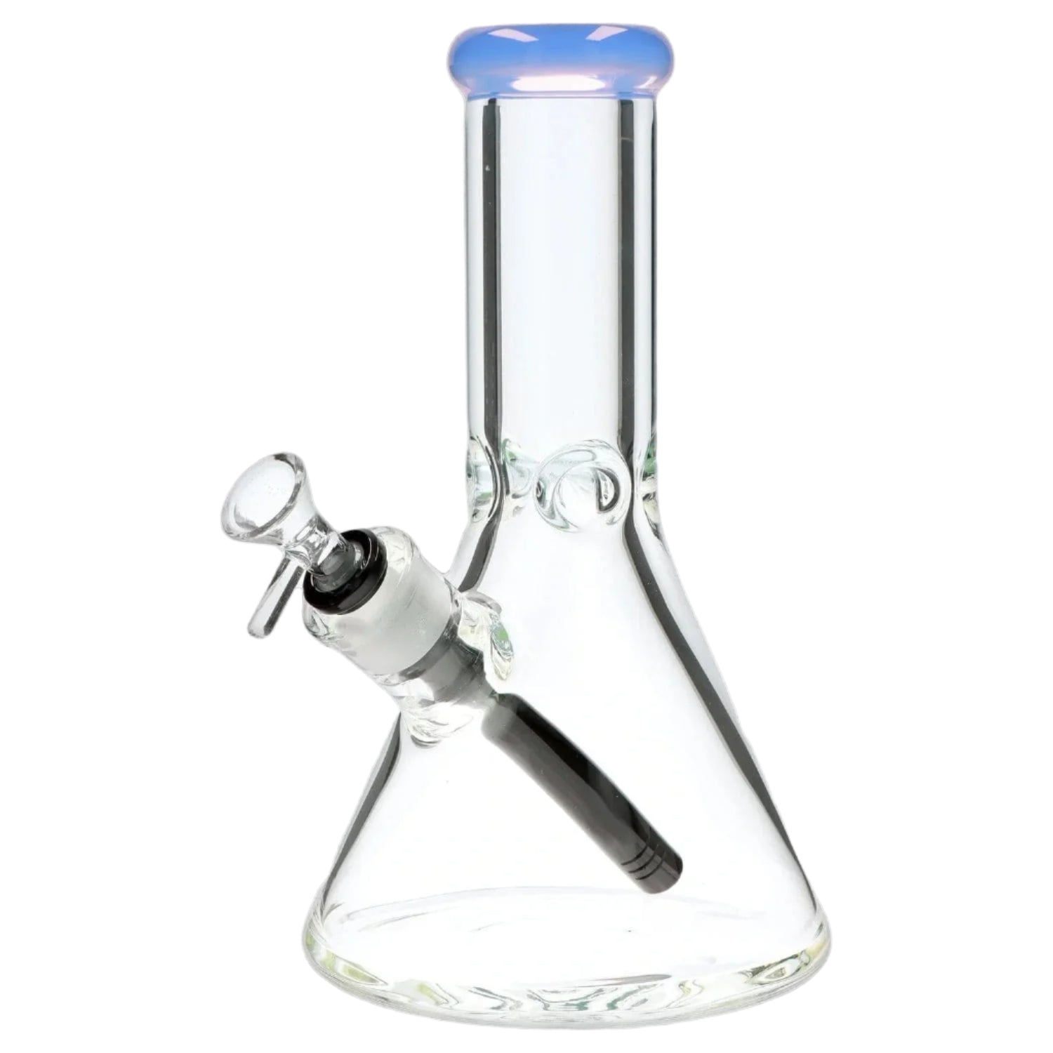 Close-up front view of the 9mm 10-inch Flat Base Beaker Bong showing its clear glass beaker body, angled downstem and pale blue rounded mouthpiece.