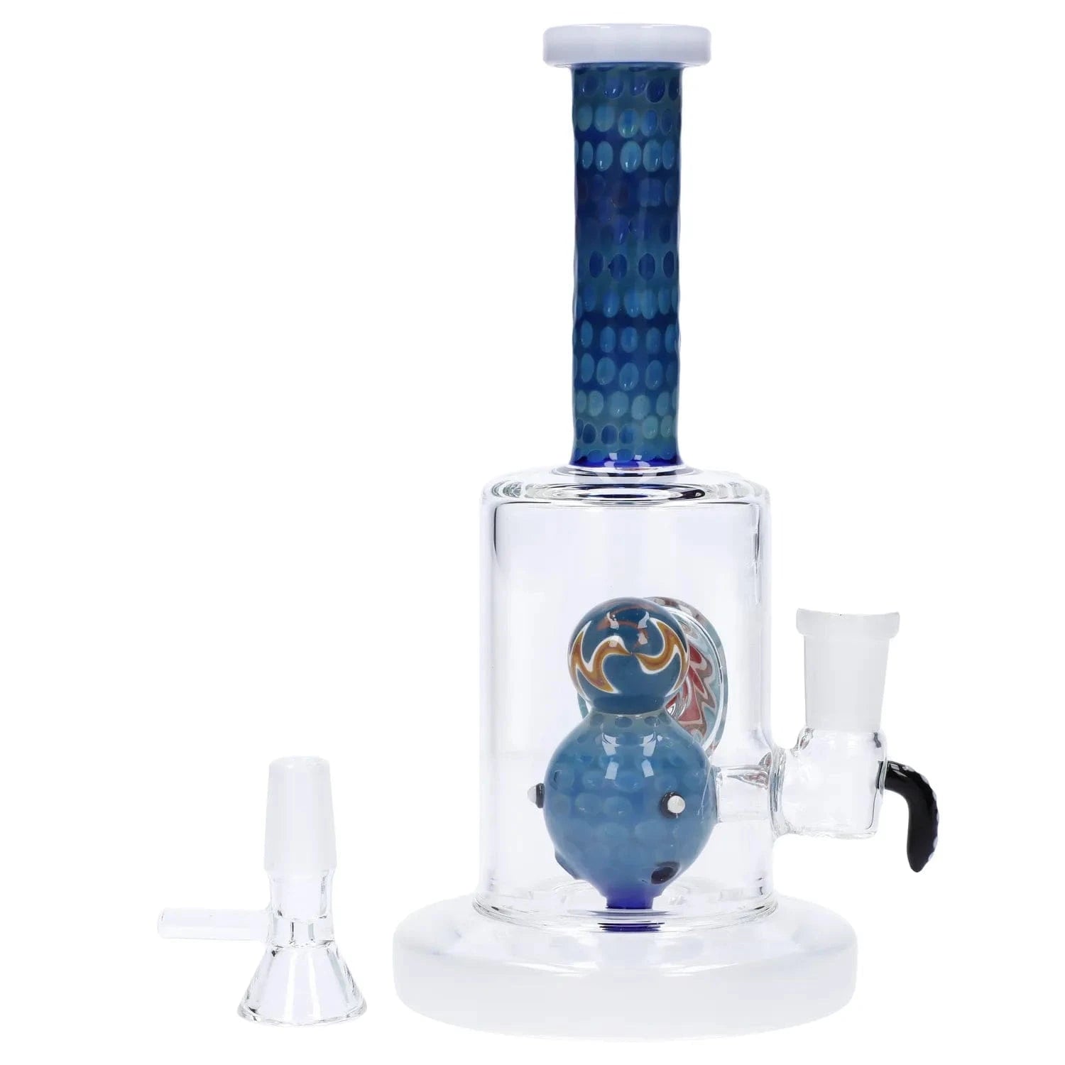 Close-up front view of the Reversal Art Locket Bong with UFO Showerhead Perc - 8 in, showing its clear cylindrical body, blue patterned neck and internal blue marble percolator.
