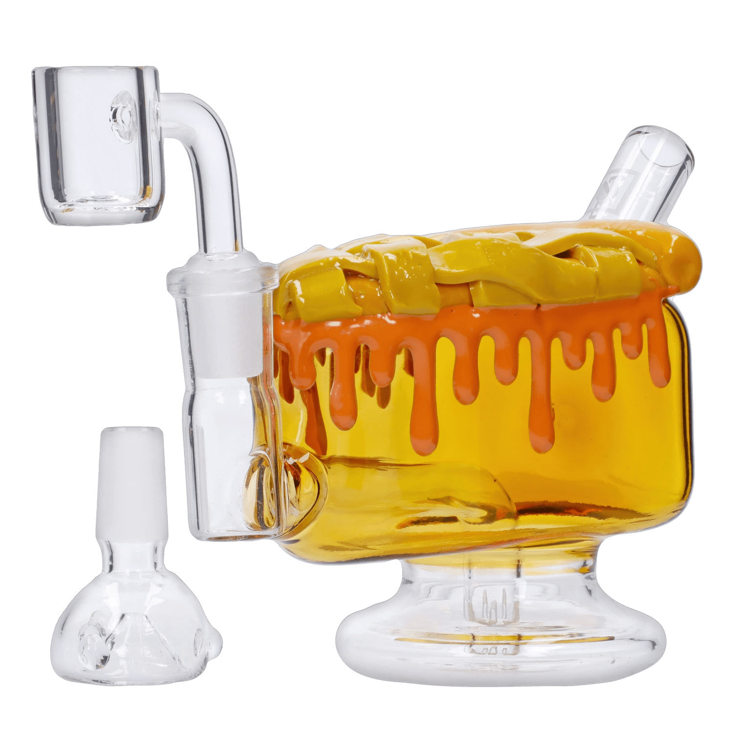 A three-quarter view of the DHC Originals Apple Pie Bong, showing a colorful, textured glass design resembling baked fruit.