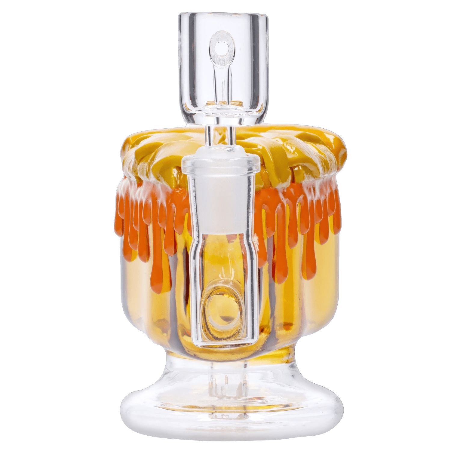 Front view of the DHC Originals Apple Pie Bong, featuring a textured glass design resembling dripping caramel over a clear base.