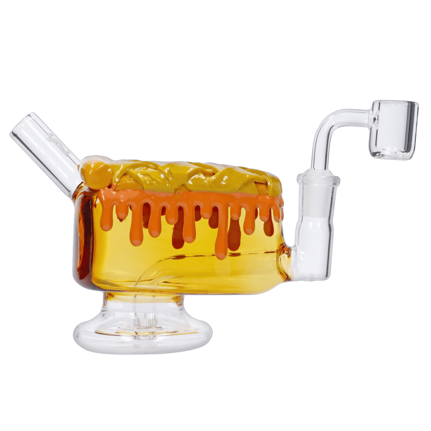 A slightly angled view of the DHC Originals Apple Pie Bong, showcasing its rounded shape and apple-themed color scheme.