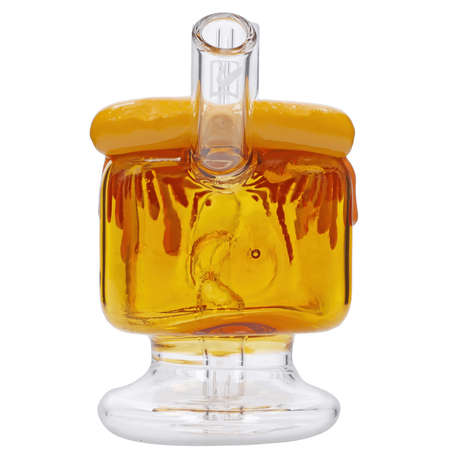 Front view of the DHC Originals Apple Pie Bong, showcasing the amber-colored glass with a rounded base and a clear, cylindrical neck.