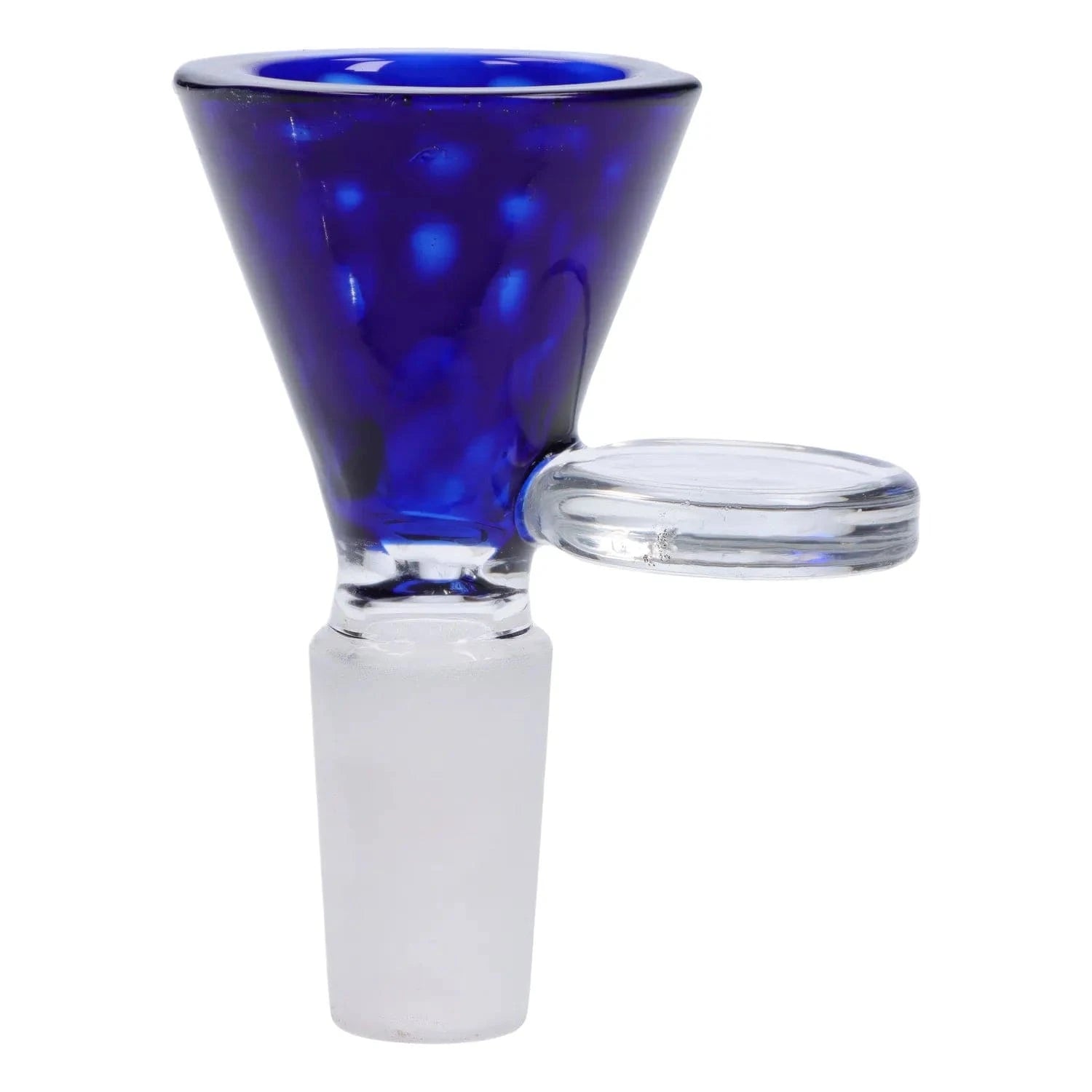 Close-up side view of the deep blue Wig Wag Bowl with Spiky Horn - Male 14mm showing its conical cup and clear glass handle.