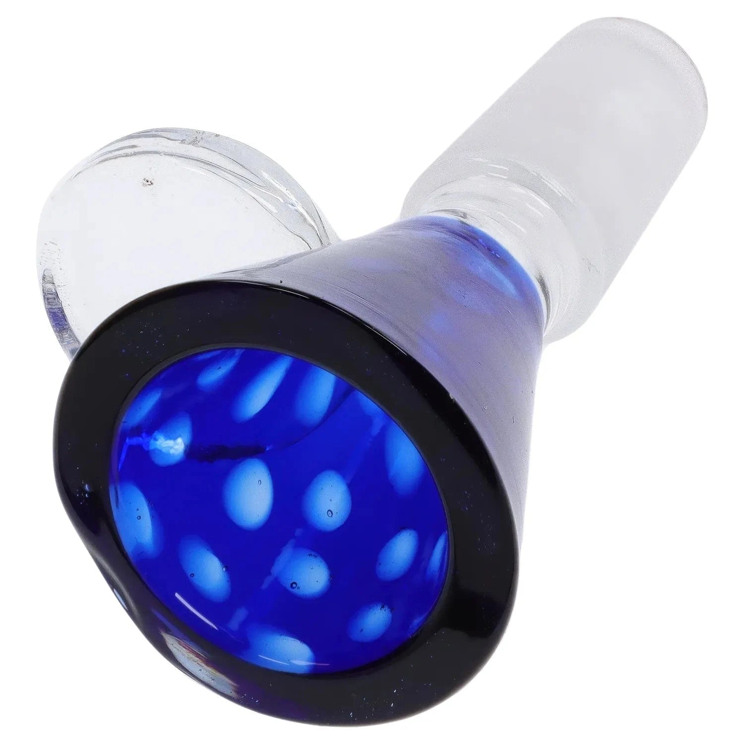 Close-up angled view of the Wig Wag Bowl with Spiky Horn - Male 14mm showing a deep blue, spotted bowl rim and clear frosted male joint.