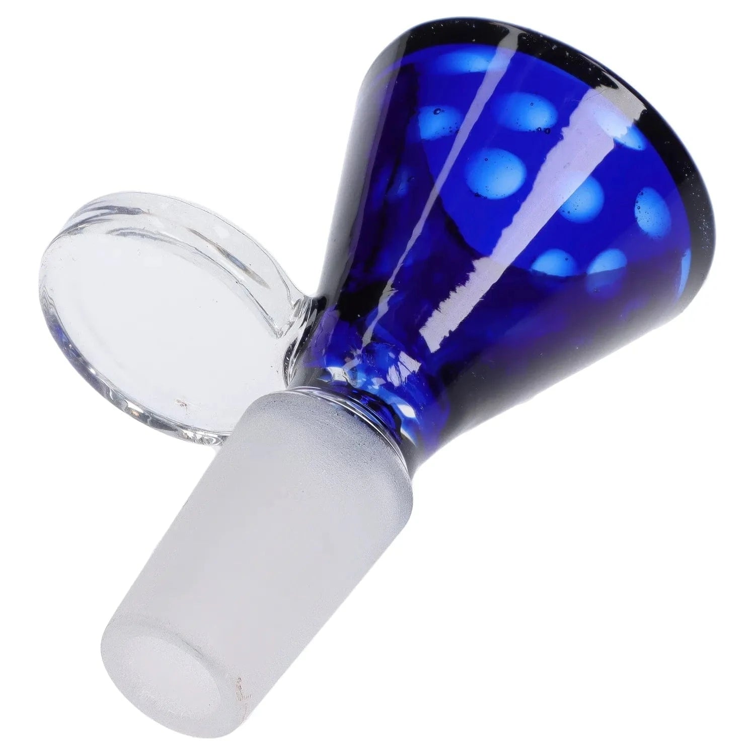 Angled close-up of the Wig Wag Bowl with Spiky Horn - Male 14mm showing its cobalt blue, dotted bowl and clear glass horn against a white background