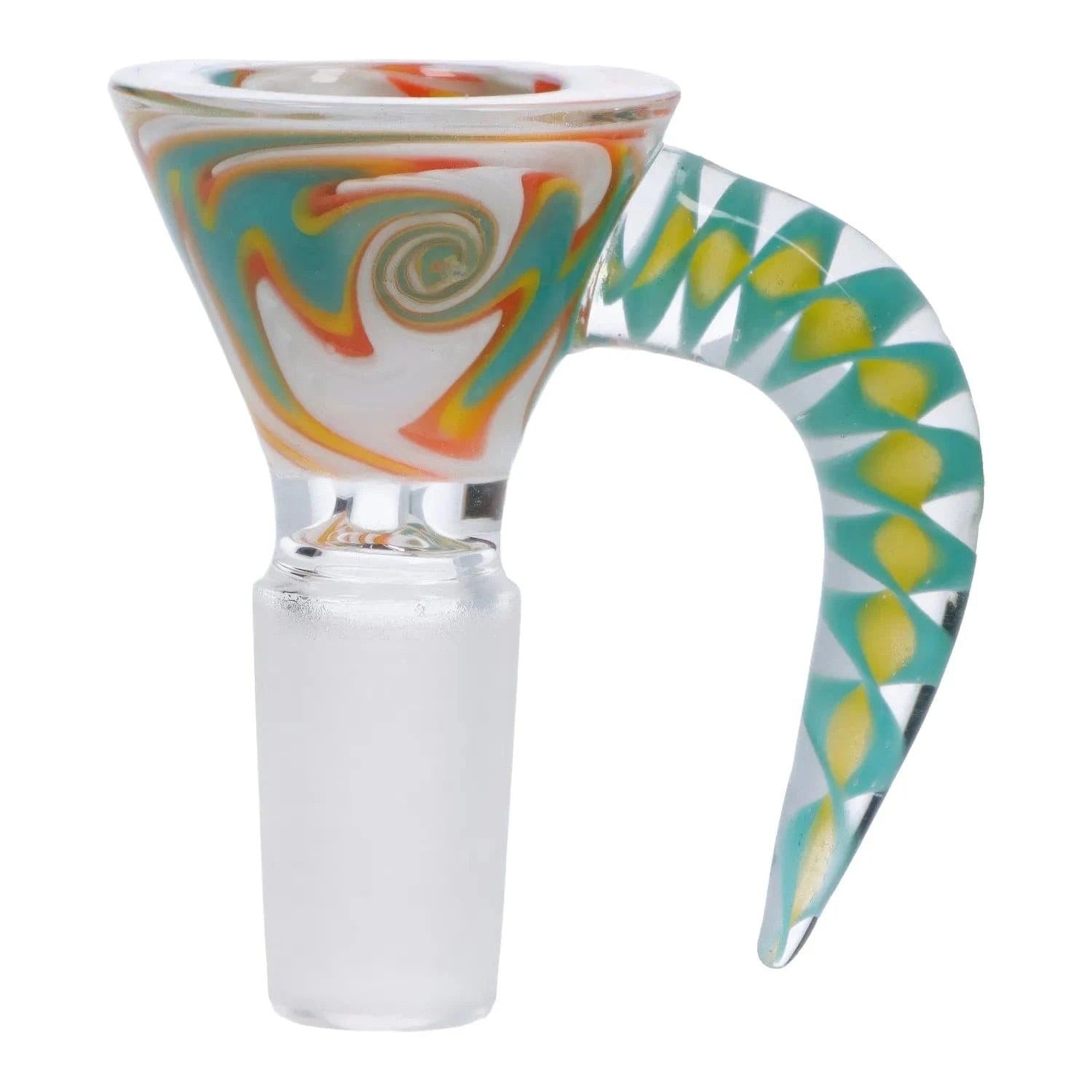 Close-up side view of the Wig Wag Bowl with Wig Wag Horn - Male 14mm showing a swirled white, teal, orange and yellow bowl and a curved patterned horn handle.