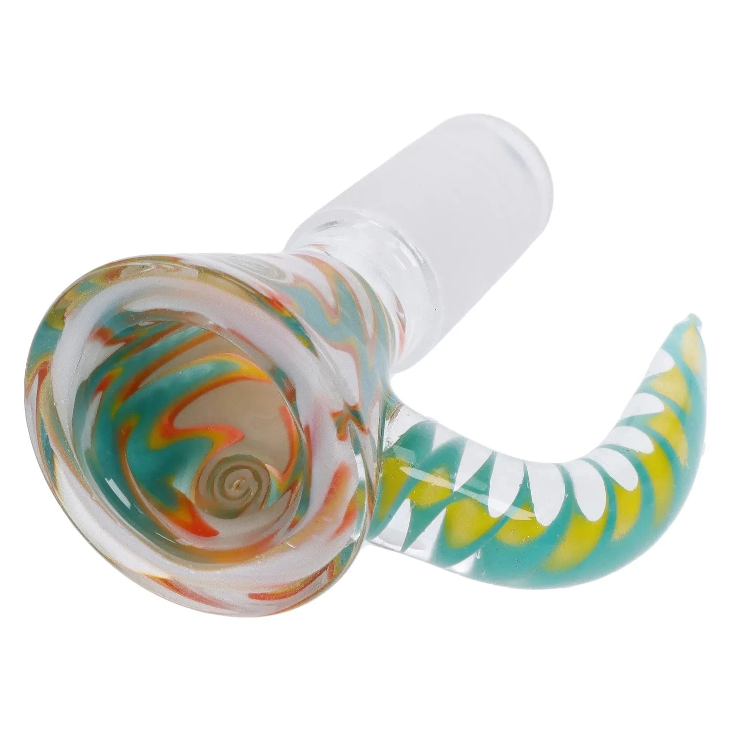 Close-up angled view of the Wig Wag Bowl with Wig Wag Horn - Male 14mm showing a swirled multicolor bowl and curved teal-and-yellow horn against a white background