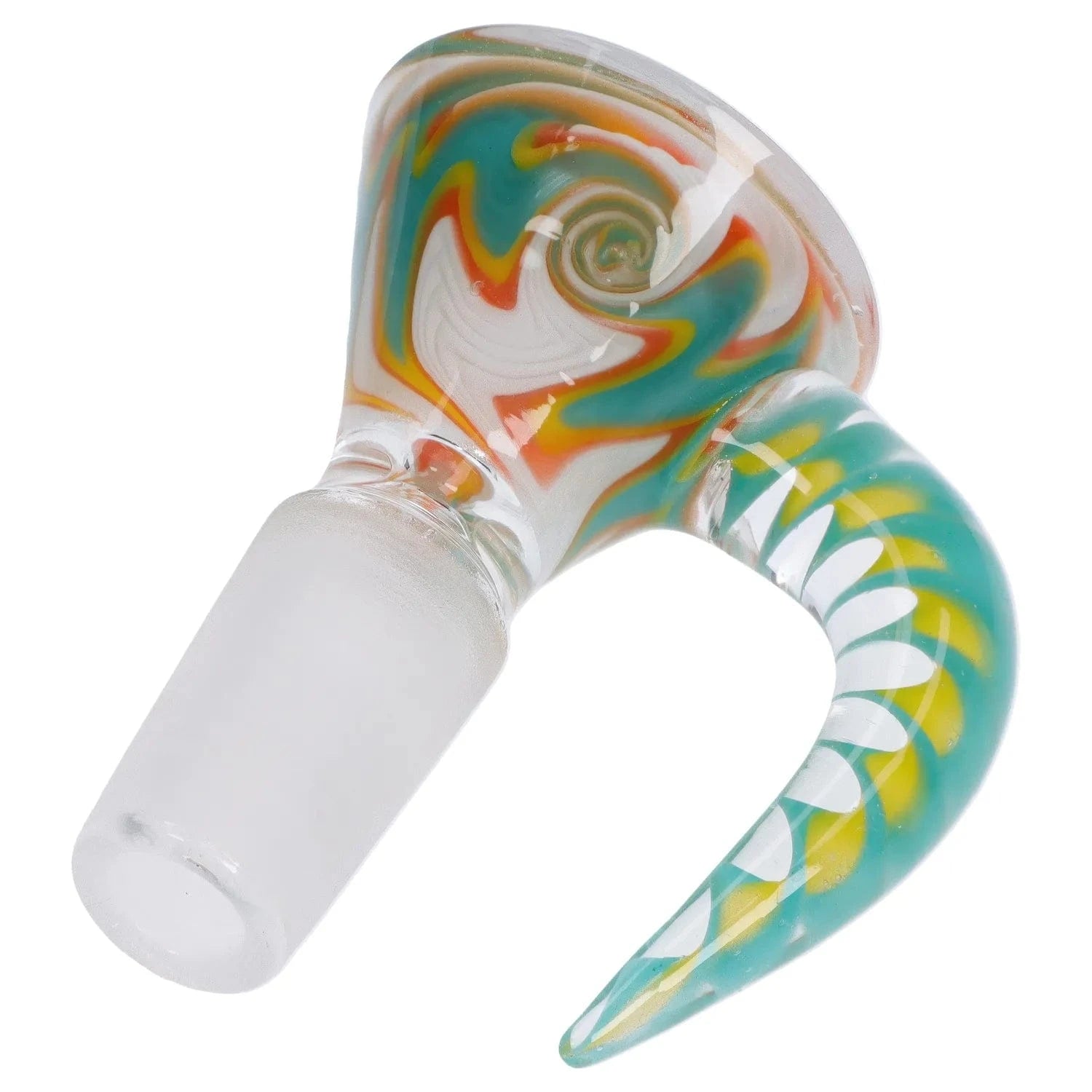 Close-up angled view of the Wig Wag Bowl with Wig Wag Horn - Male 14mm showing colorful teal, yellow, and orange swirls on clear glass.