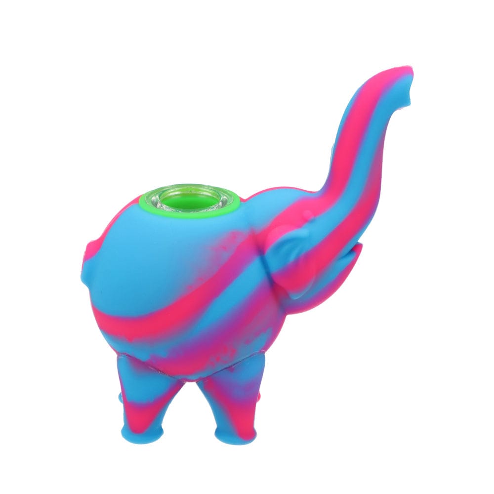 A front view of the Silicone Mini Elephant, showcasing its small size and playful design with a vibrant pink and blue color scheme.