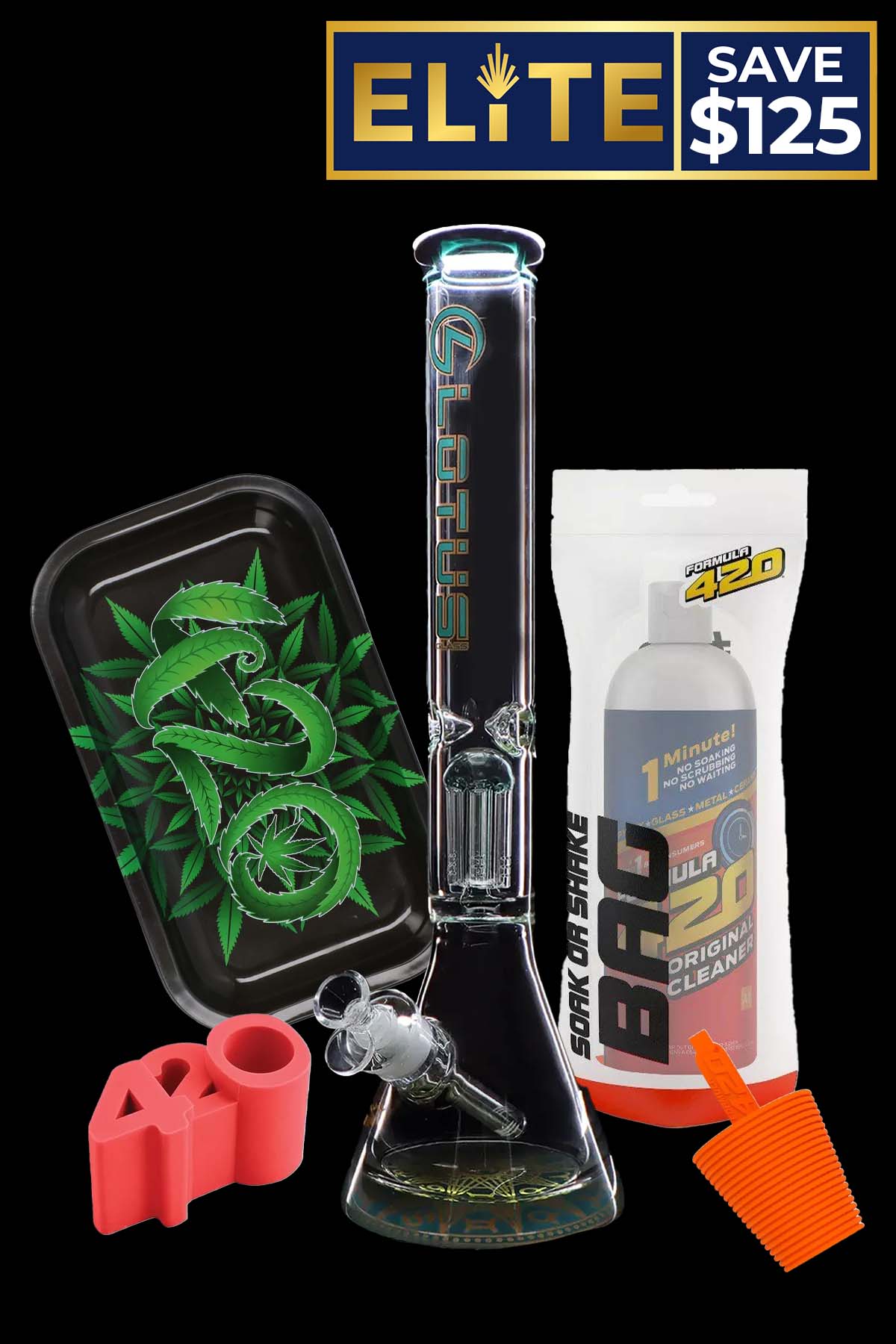 Centered vertical shot of a clear glass beaker bong and accessories against black, labeled "420 Combo" and showing a green leaf tray, red silicone pieces, and a white cleaner pouch.
