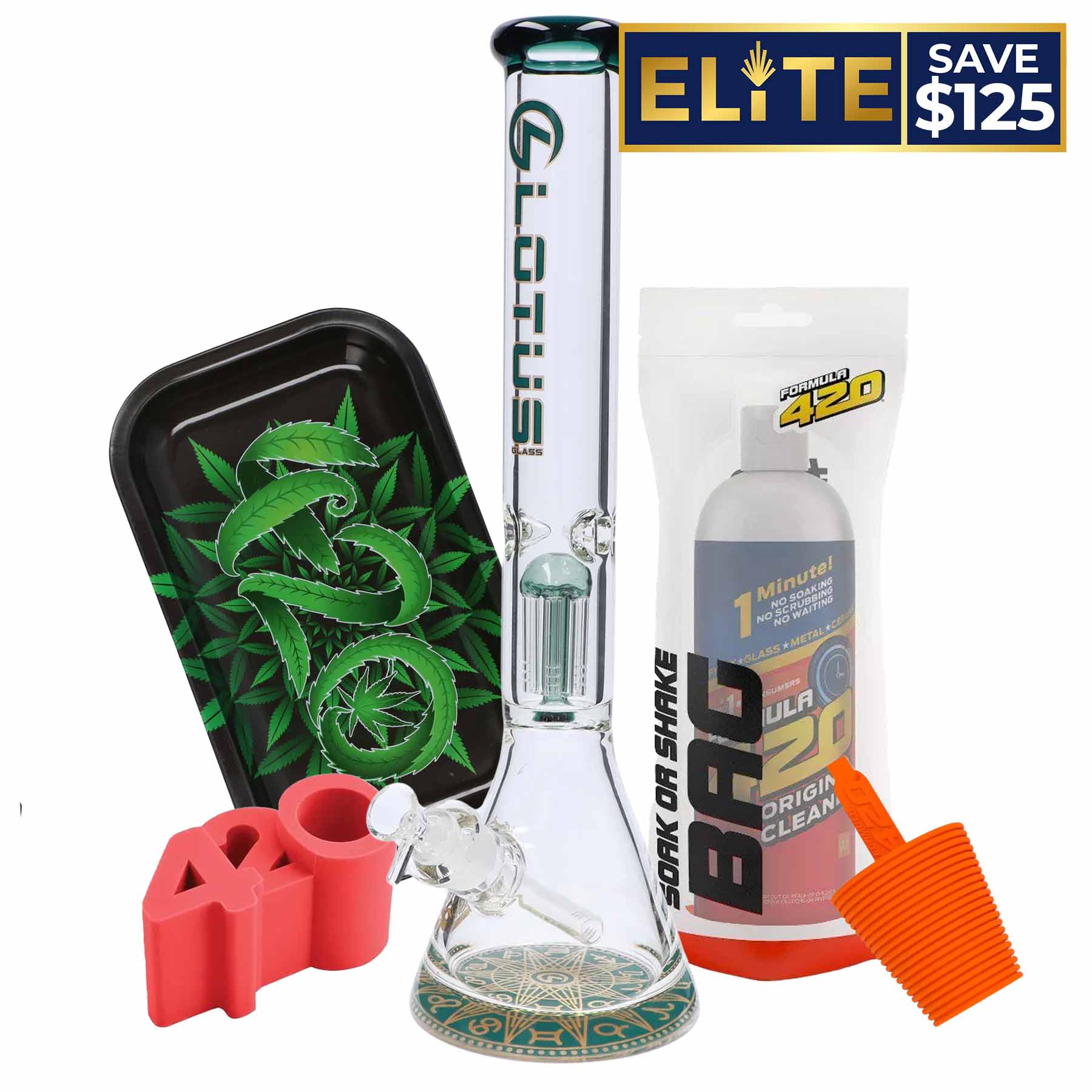 Close-up front view of the 420 Combo showing a clear glass beaker bong with green logo, a printed rolling tray, cleaning bottle in packaging, and orange accessories.