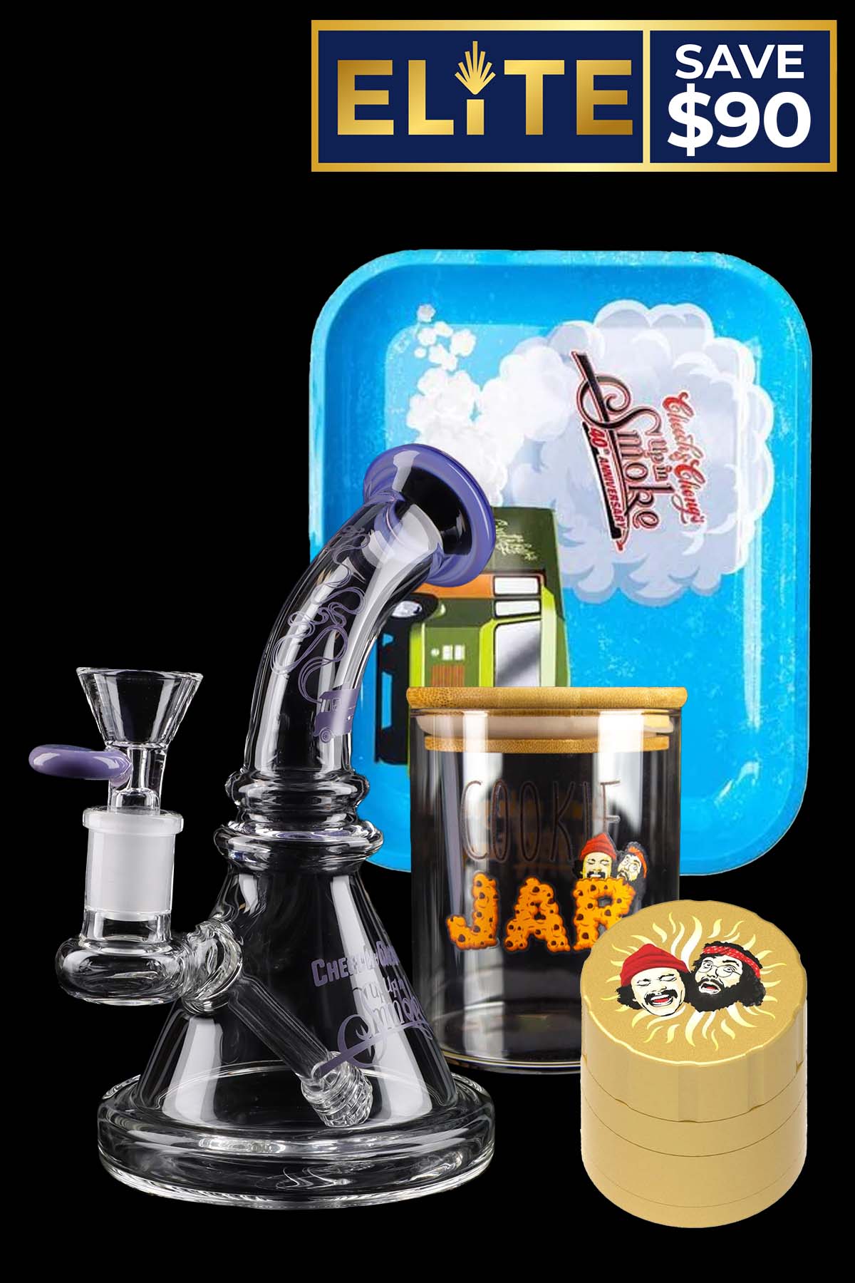 Angled close-up of a clear glass rig with purple accents in front of a blue rolling tray and jars, labeled "C&C The Big Combo" visible among the items