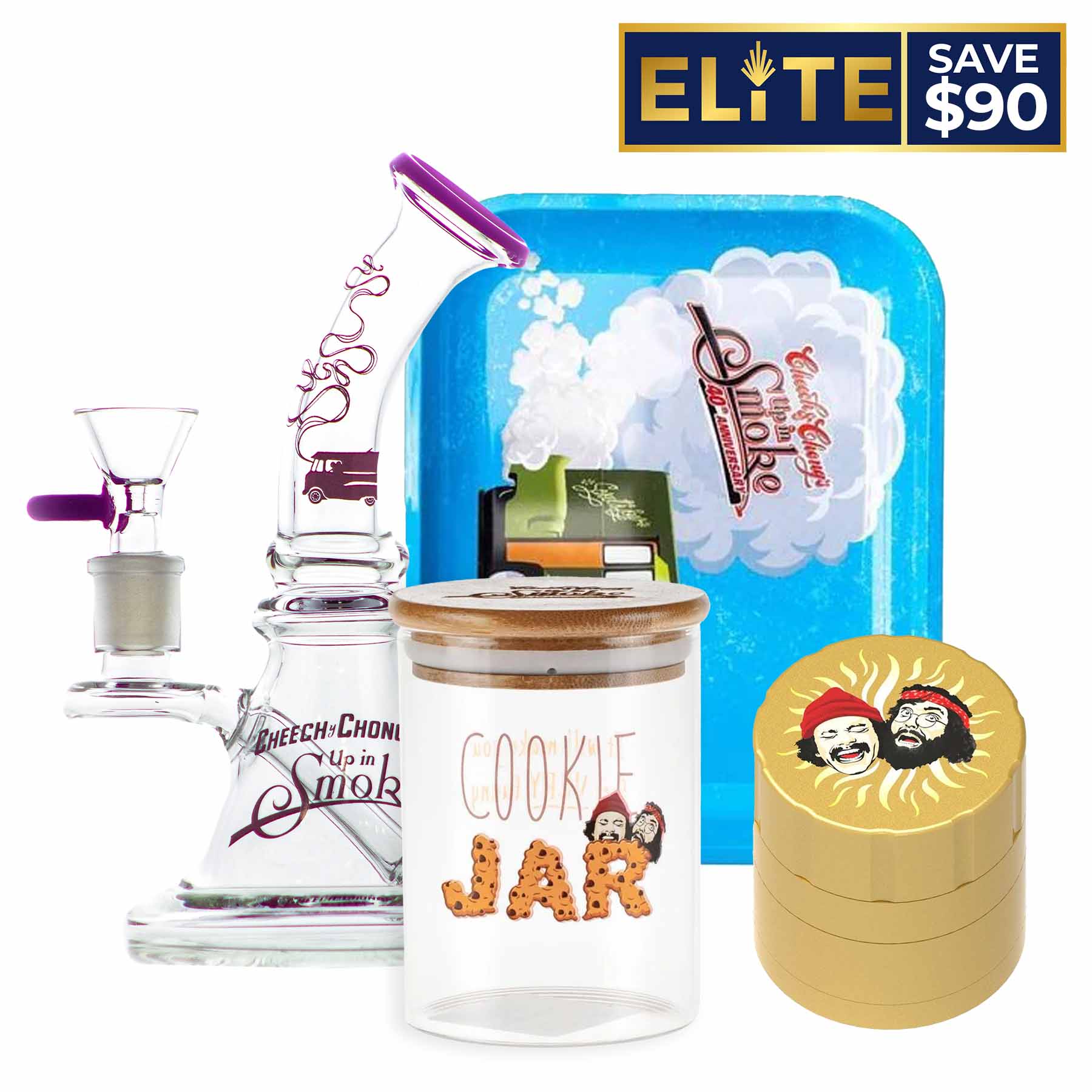 Close-up still life of the C&C The Big Combo set showing a clear glass piece with purple accents, a cookie jar with wooden lid, and a gold grinder.