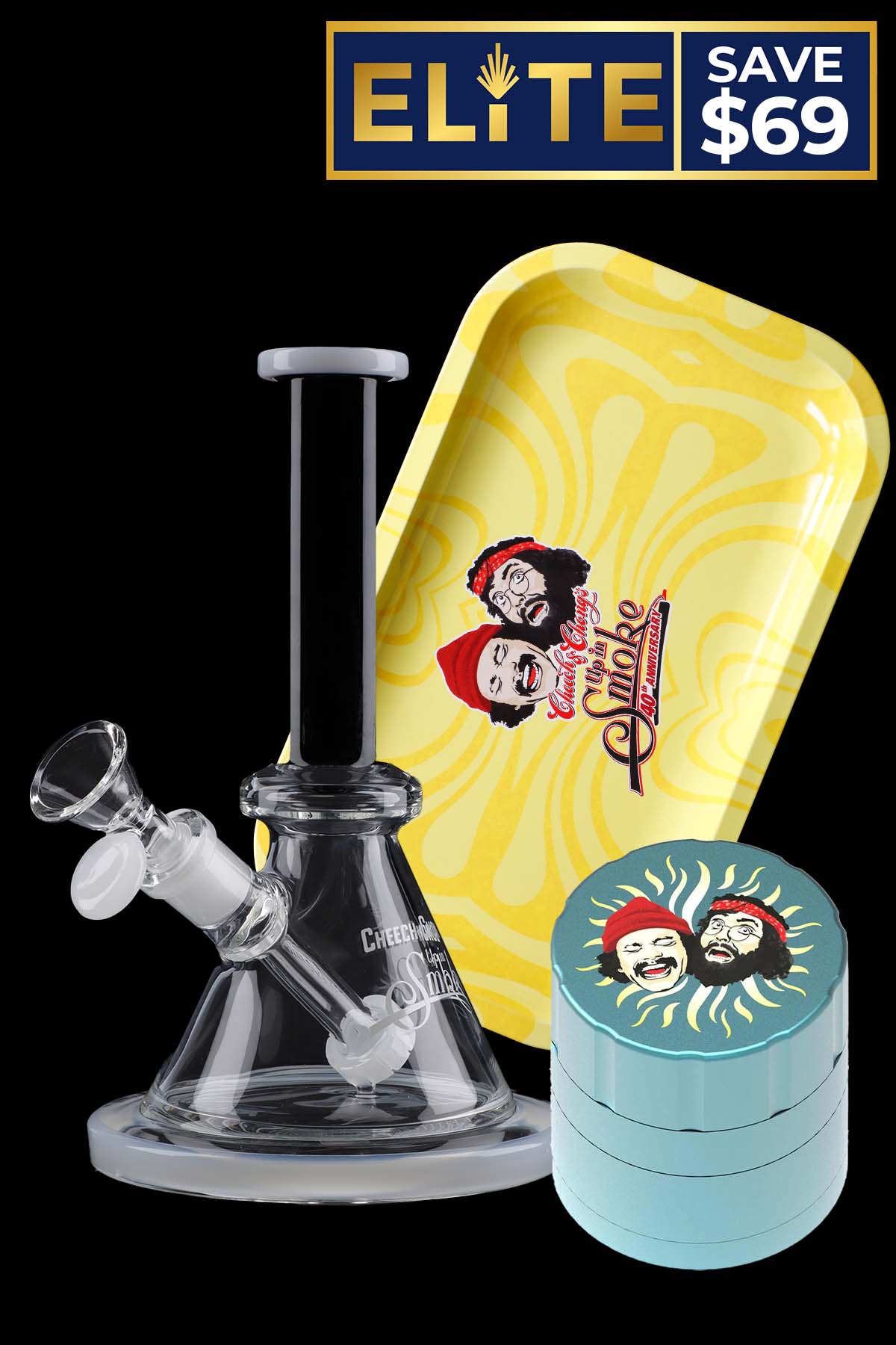 Angled view of the C&C The Medium Combo showing a clear glass beaker piece, yellow rolling tray with caricature artwork, and a stacked teal grinder.