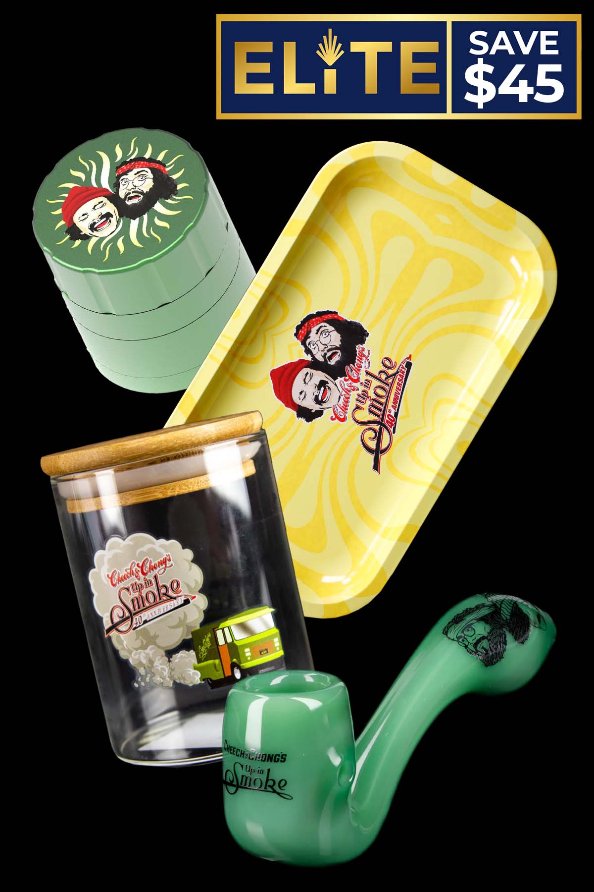 Angled view of the C&C The Mini Combo showing a yellow swirled tray, green grinder, glass jar with wooden lid, and a mint-green pipe on black background