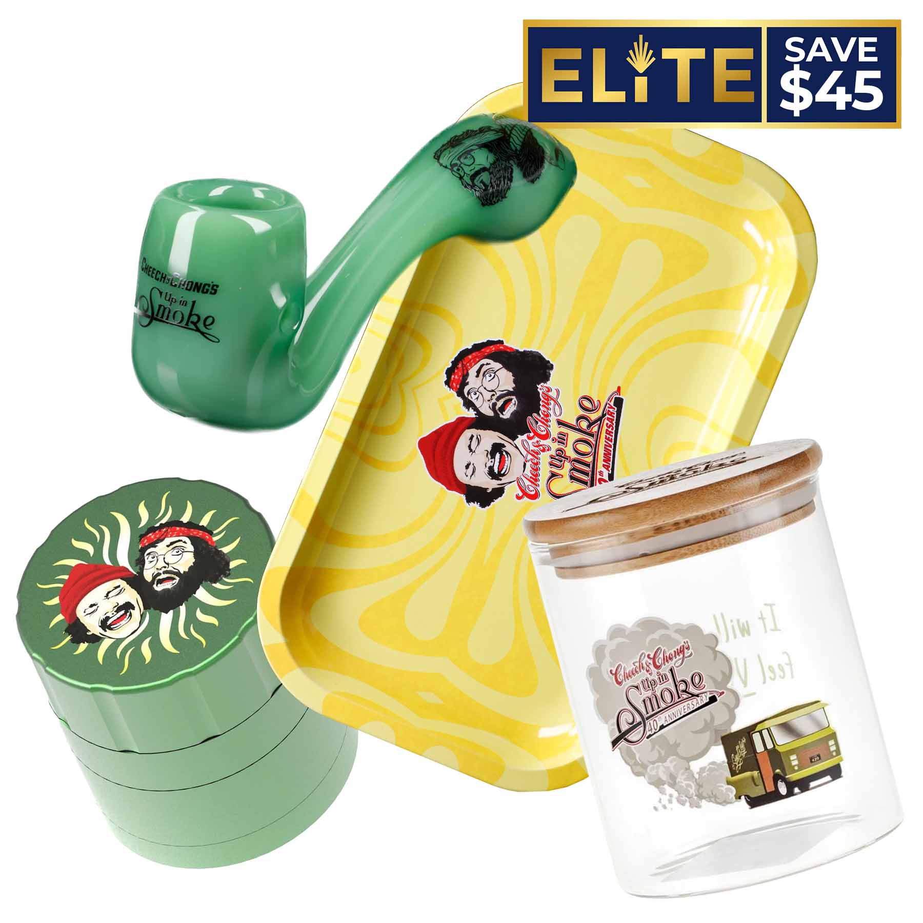 Angled close-up of the green pipe, yellow branded tray and jar in the C&C The Mini Combo.