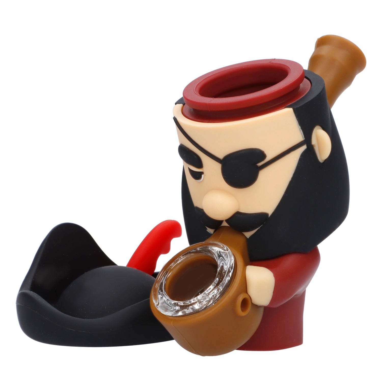 Front view of the “High Seas” Smoking Box, a red and brown sculpted box with a circular opening.