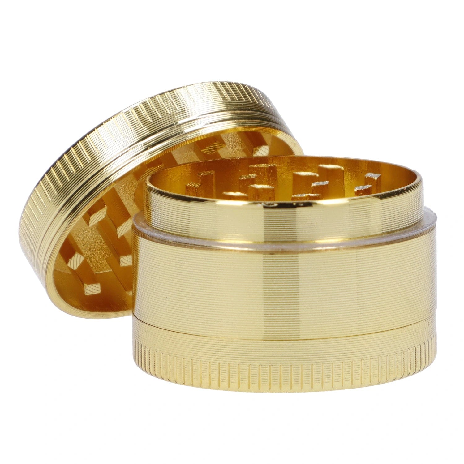 Close-up, angled view of the open “High Seas” Smoking Box, revealing its gold-toned, ribbed cylindrical design.