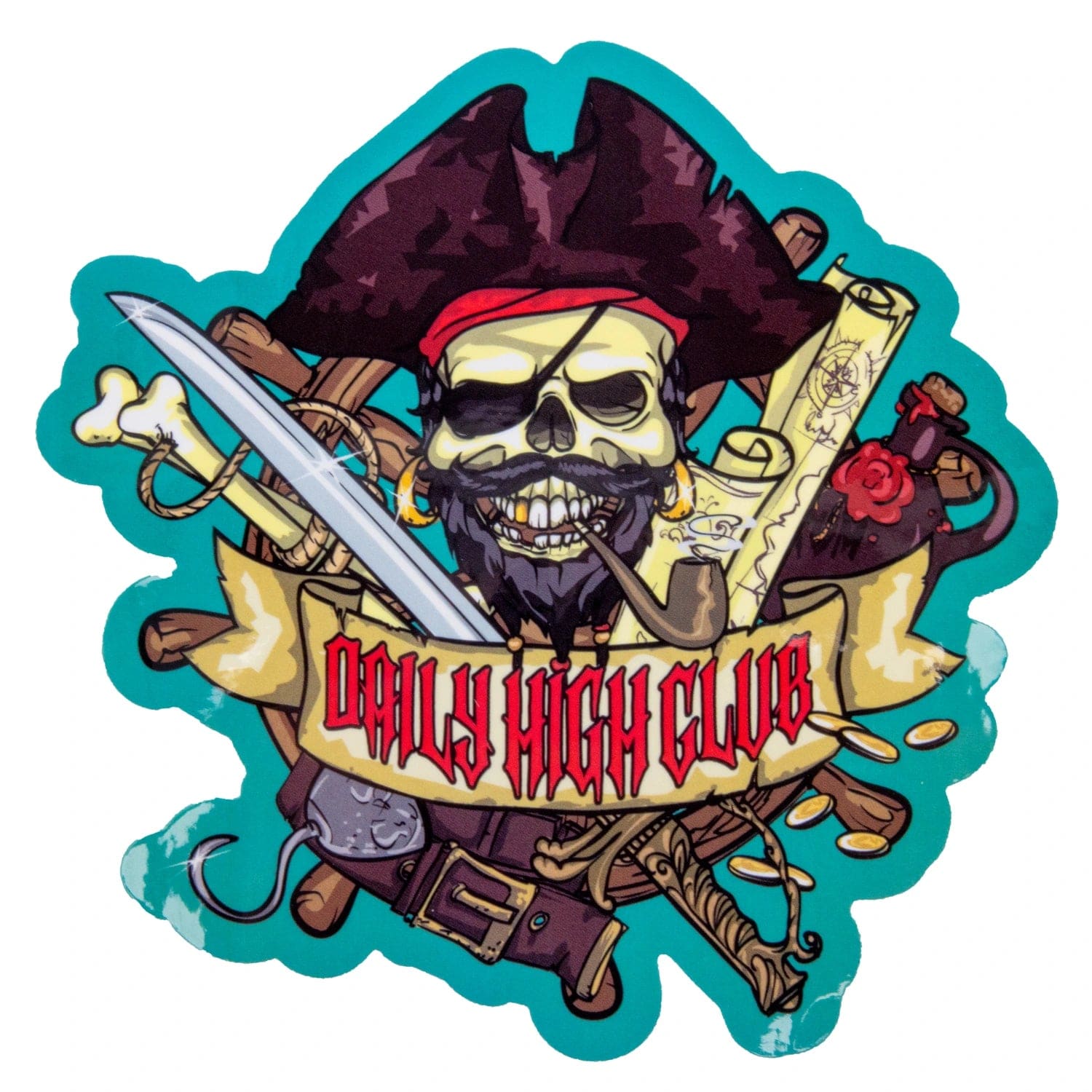 Front view of the “High Seas” Smoking Box, featuring a skull adorned with a bandana and surrounded by nautical elements.