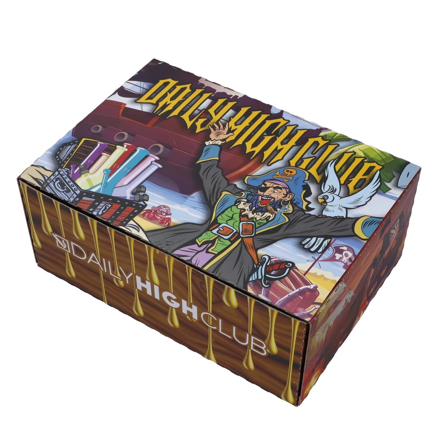 Front view of the “High Seas” Smoking Box with colorful illustrated nautical imagery on its angled face.