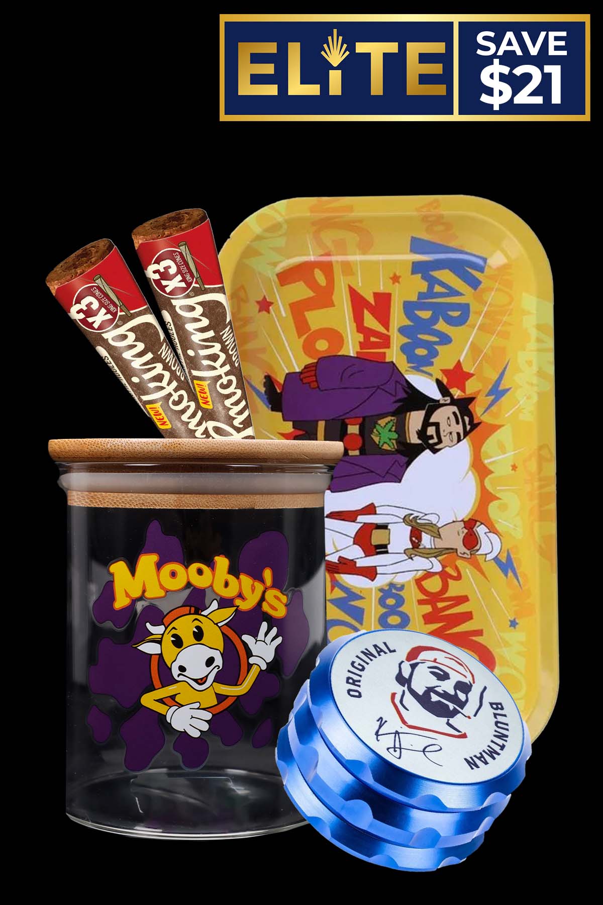 Angled close-up of the JSB Essentials Combo showing a glass jar with a Mooby's sticker, two prerolled brown cones, a colorful cartoon rolling tray in the background, and a metallic blue grinder on a black backdrop