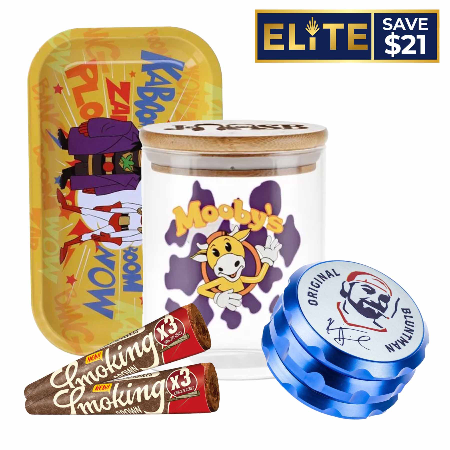 Close-up front view of the JSB Essentials Combo showing a cartoon cow-printed glass jar with wooden lid, yellow rolling tray, blue metal grinder, and cones.