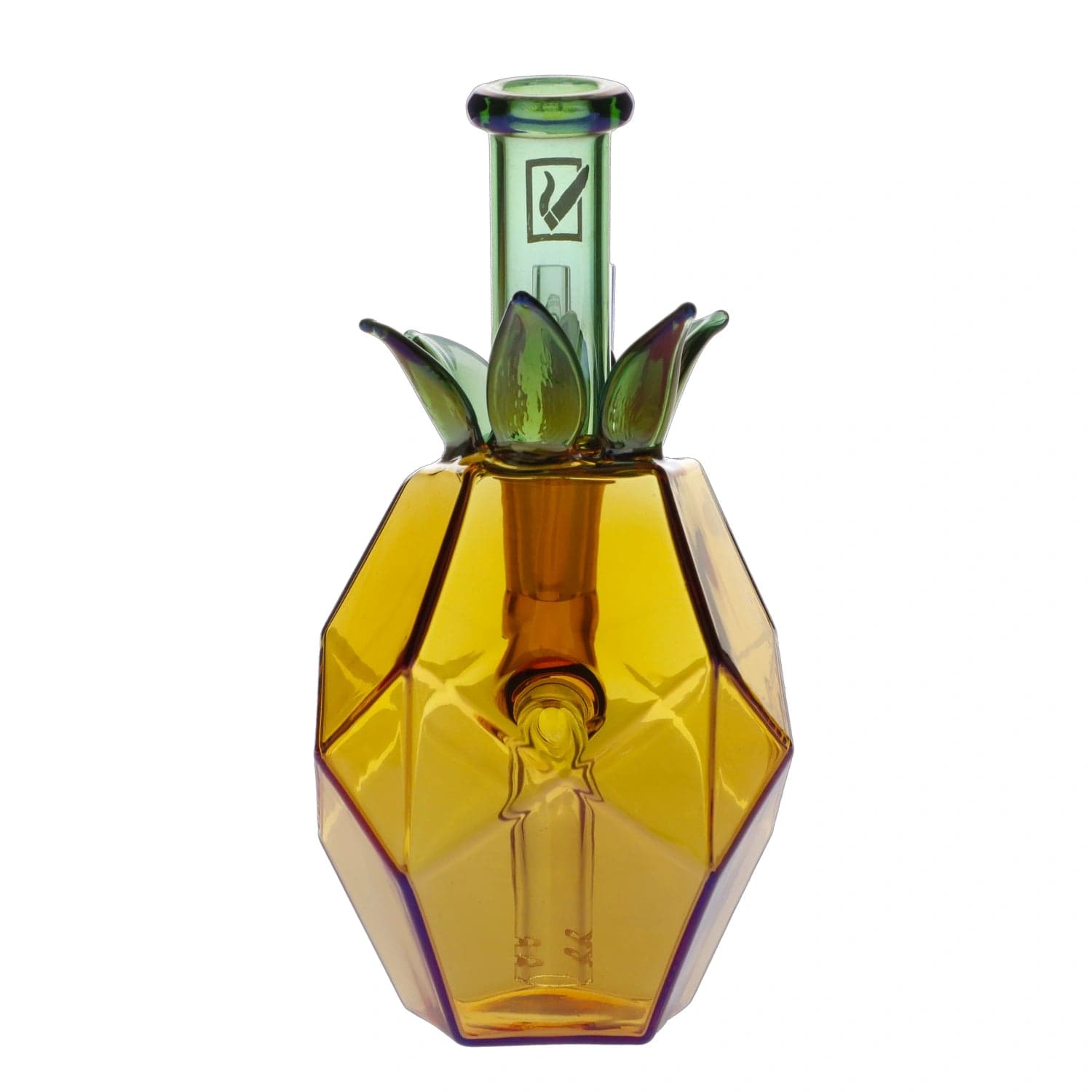 Front view of the “Party Pineapple” Smoking Box, a uniquely shaped, amber-colored glass piece with a textured surface.