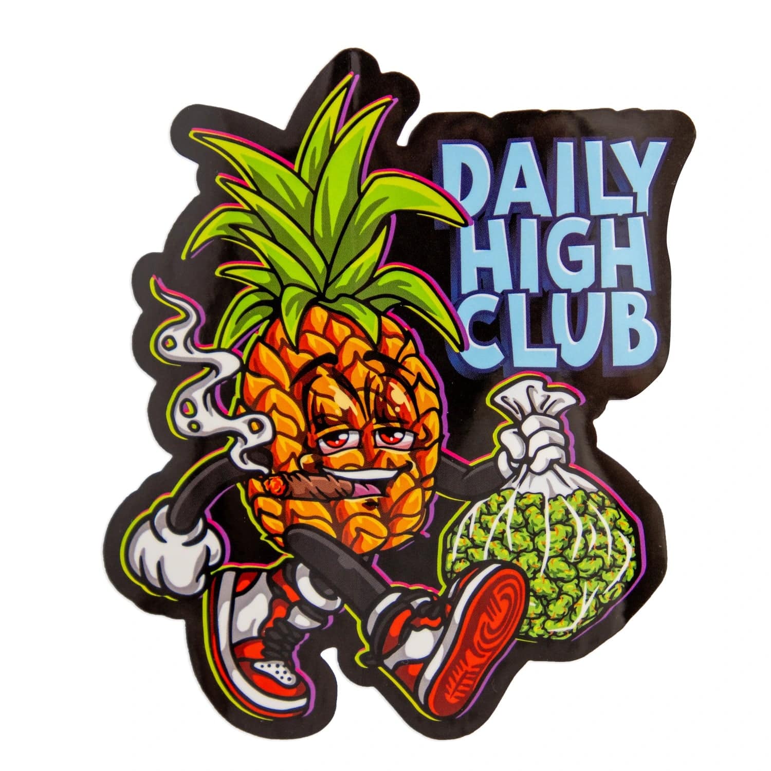 A whimsical illustration of the “Party Pineapple” Smoking Box depicts a cartoon pineapple character wearing sneakers and smoking.