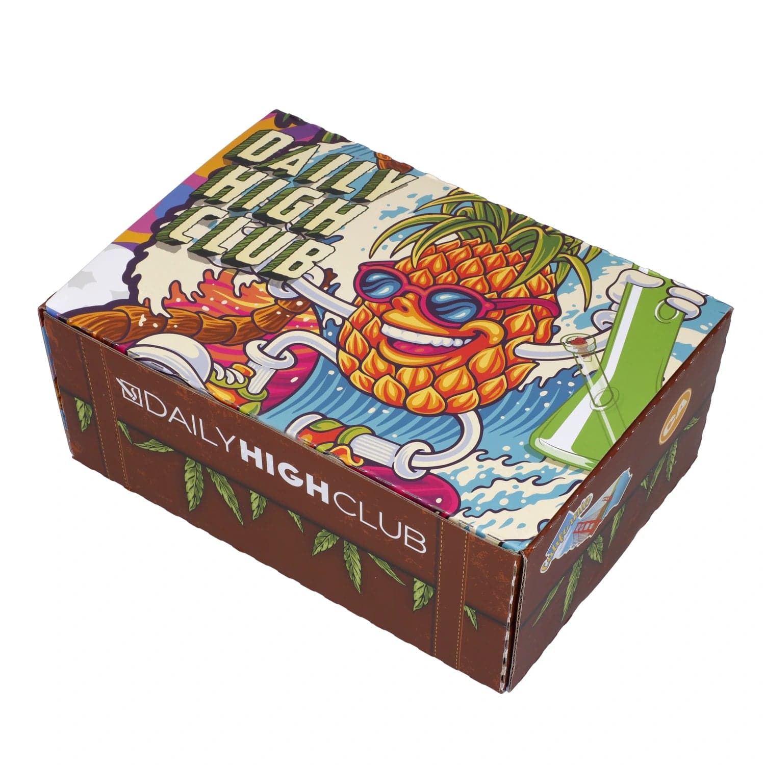 Front view of the “Party Pineapple” Smoking Box, featuring a colorful pineapple graphic on a textured, patterned background.