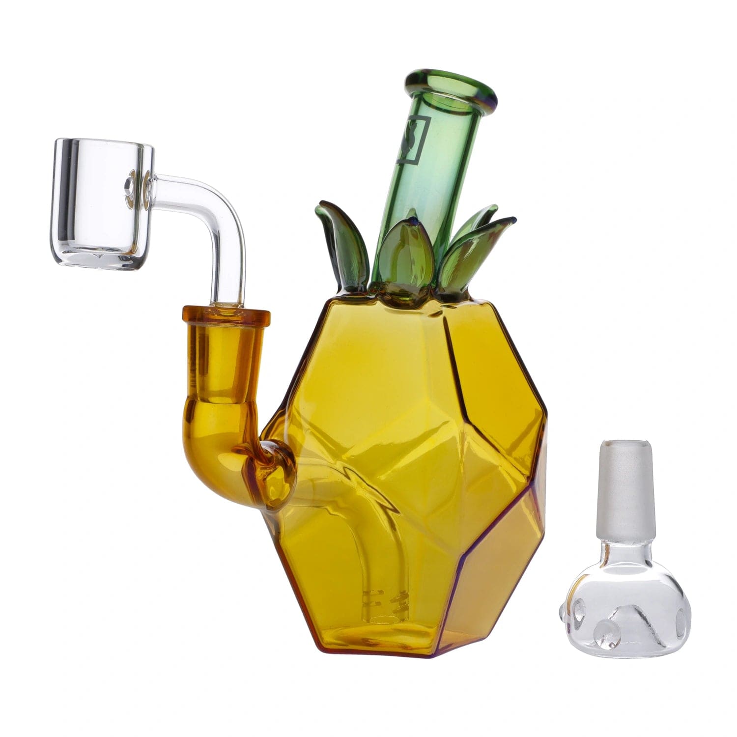 A close-up, angled view of the "Party Pineapple" Smoking Box, showcasing its clear glass construction and unique, boxy design.