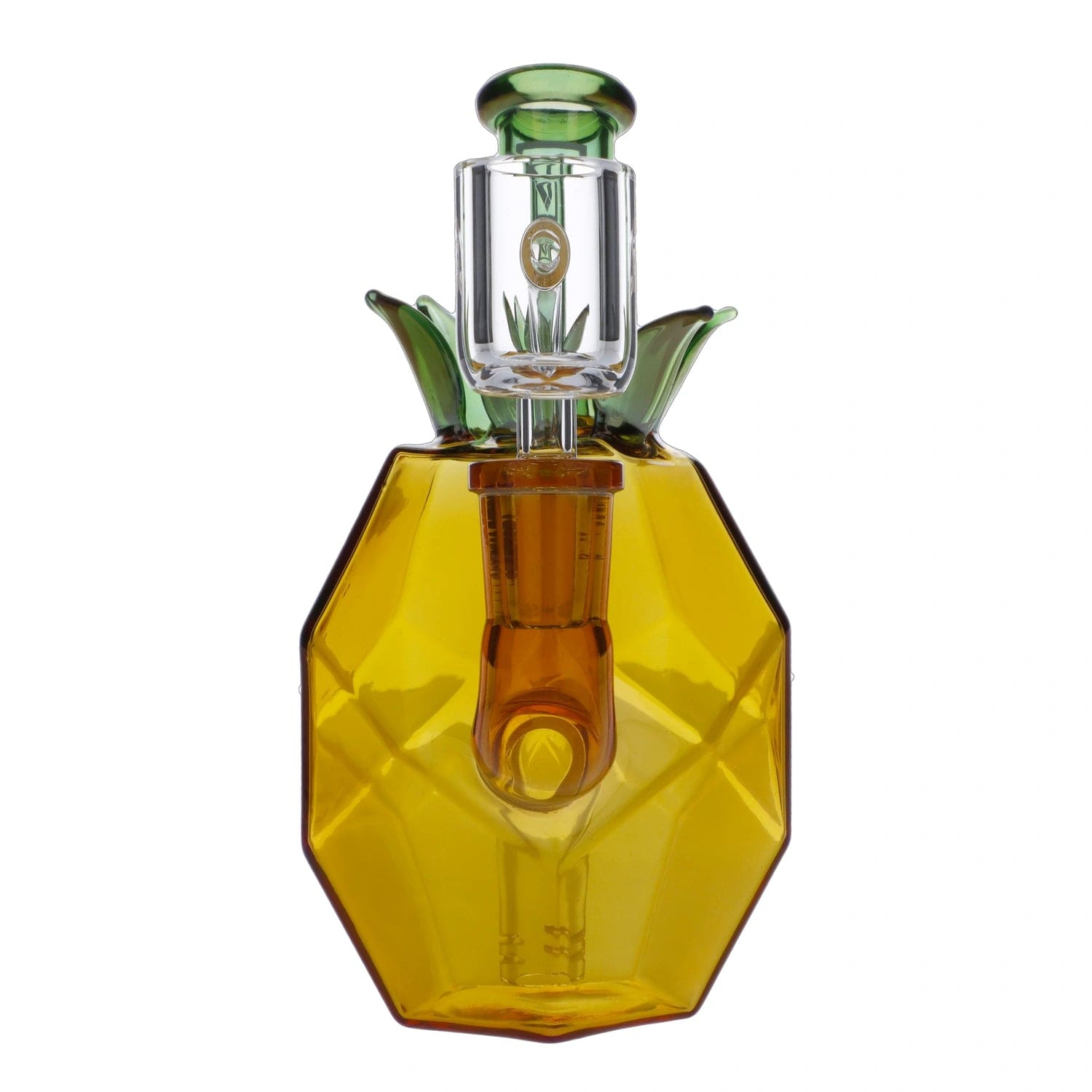 Front view of the “Party Pineapple” Smoking Box, a uniquely shaped glass piece with a green accent and detailed design.