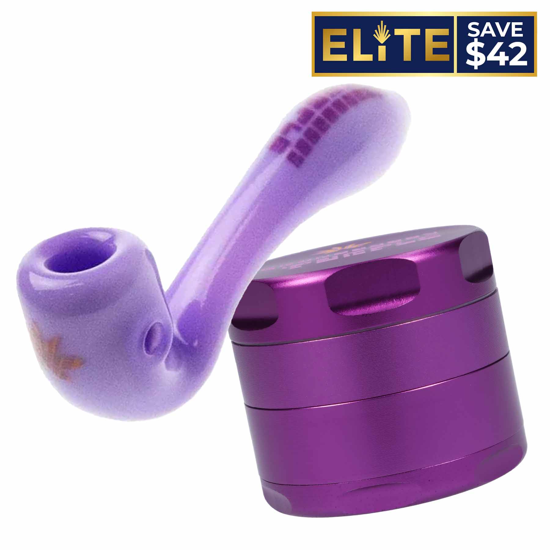 Close-up angled shot of the purple "PPP The GDP Combo" showing a glossy lavender mouthpiece and metallic plum grinder against a white background