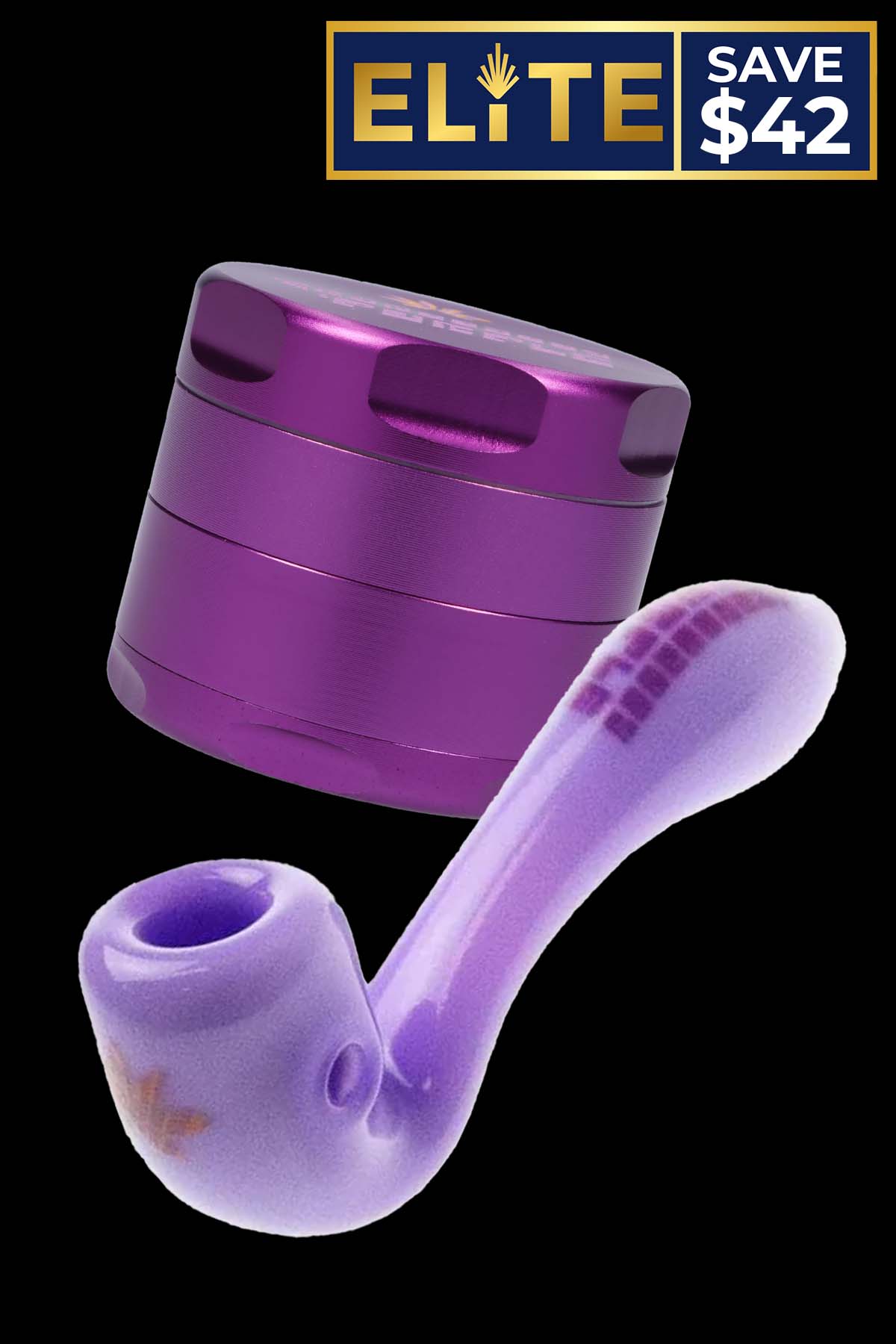 Angled close-up of a metallic purple grinder and matching purple glass pipe against a black background, featuring the PPP The GDP Combo.