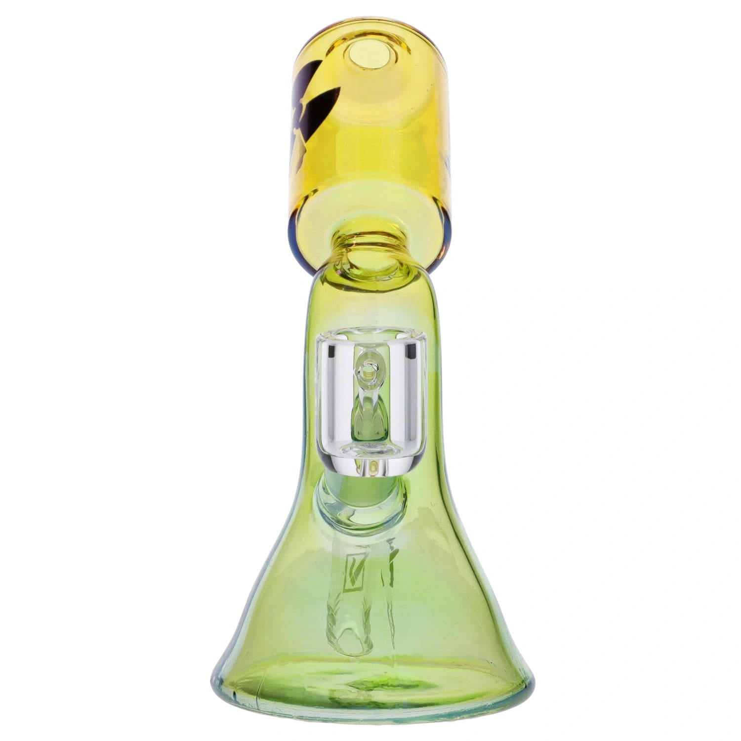 A front view of the “Radioactive Wasteland” Smoking Box, a yellow glass piece with a simple, boxy shape.