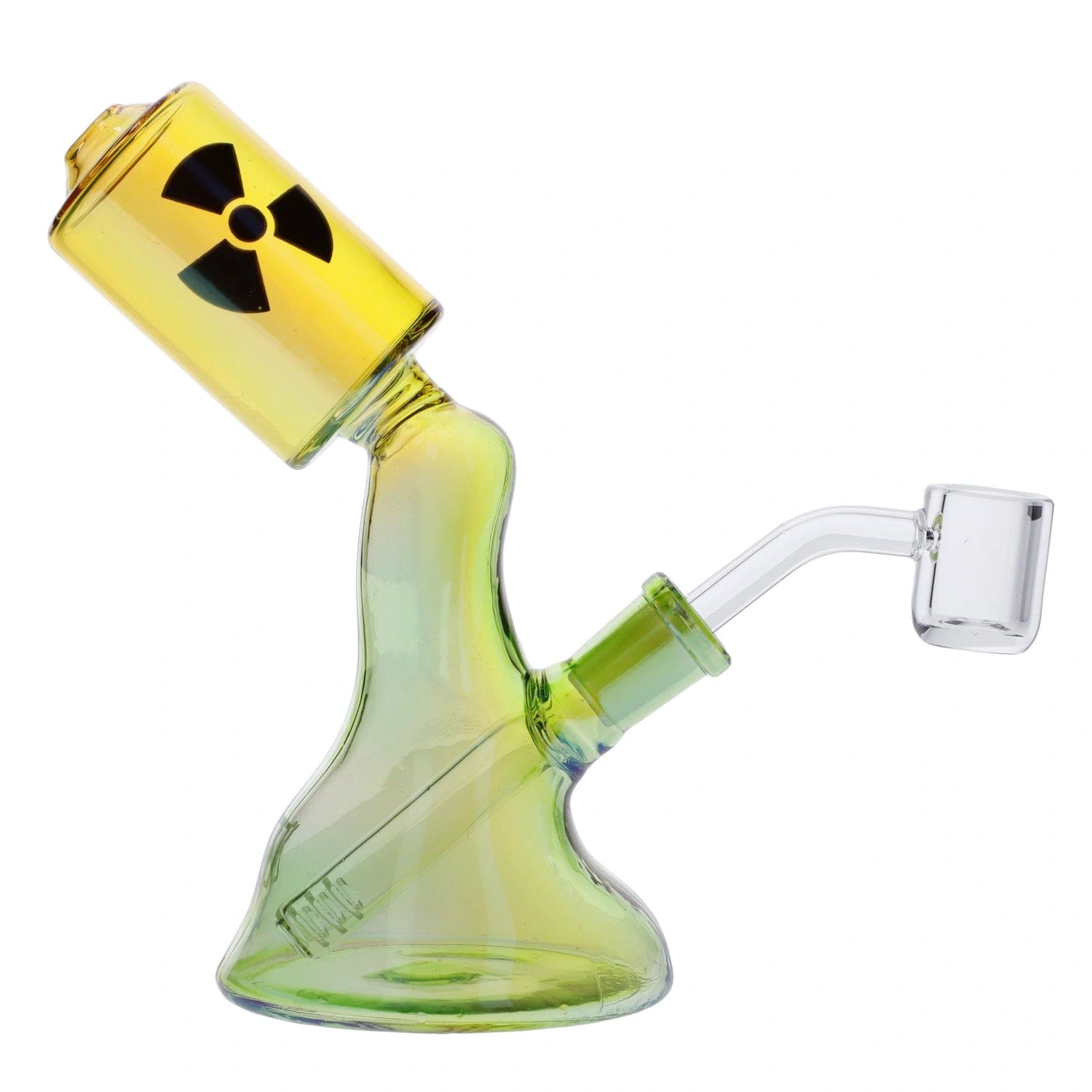 Front view of the “Radioactive Wasteland” Smoking Box, a green glass piece with a nuclear symbol design.