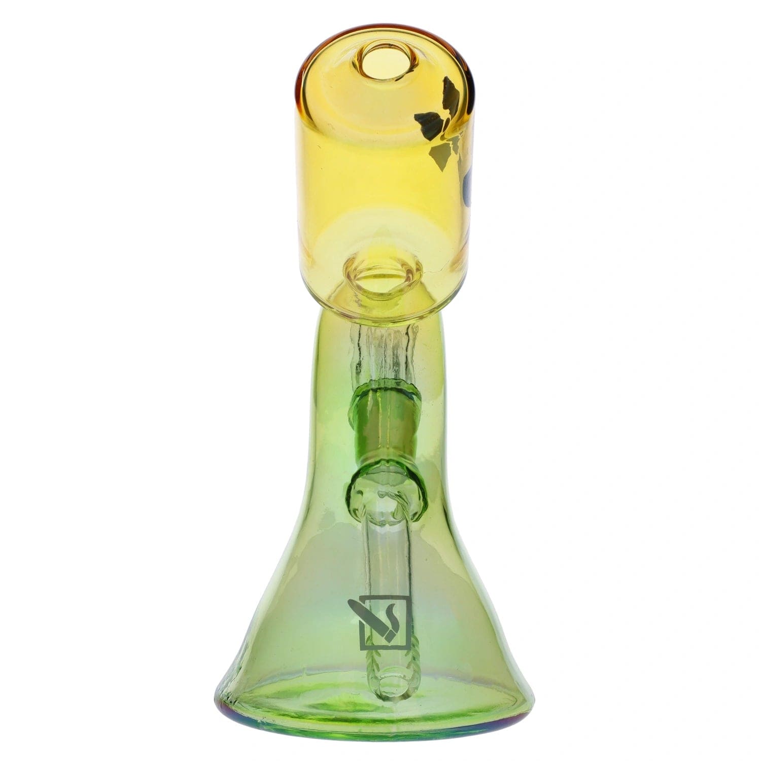 A front view of the “Radioactive Wasteland” Smoking Box, a green glass piece with a textured, beaker-style design.