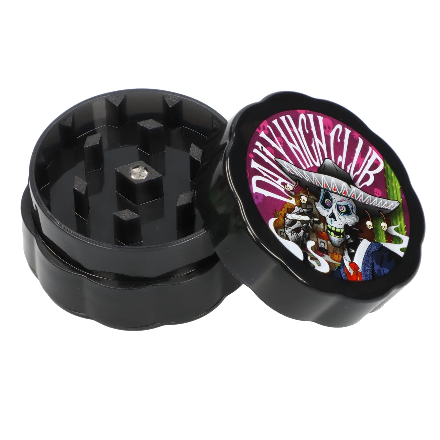 Front view of the “Radioactive Wasteland” Smoking Box, a black, closed container with a textured surface and a reflective circular detail on top.