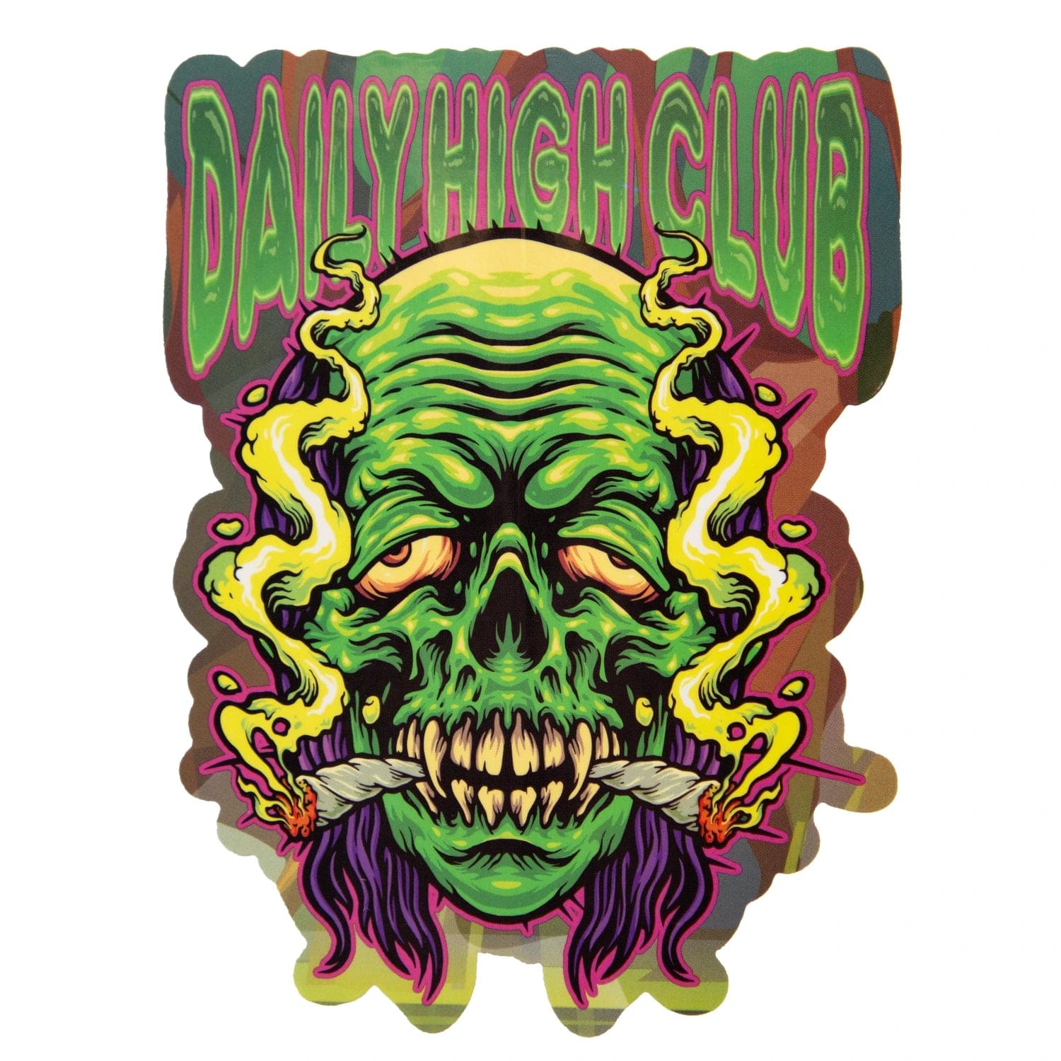Front view of the “Radioactive Wasteland” Smoking Box, with a skull design emitting smoke in a vintage, illustrated style.