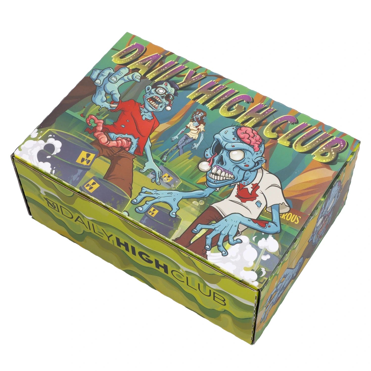 Front view of the “Radioactive Wasteland” Smoking Box featuring zombie-themed artwork on a dark background.