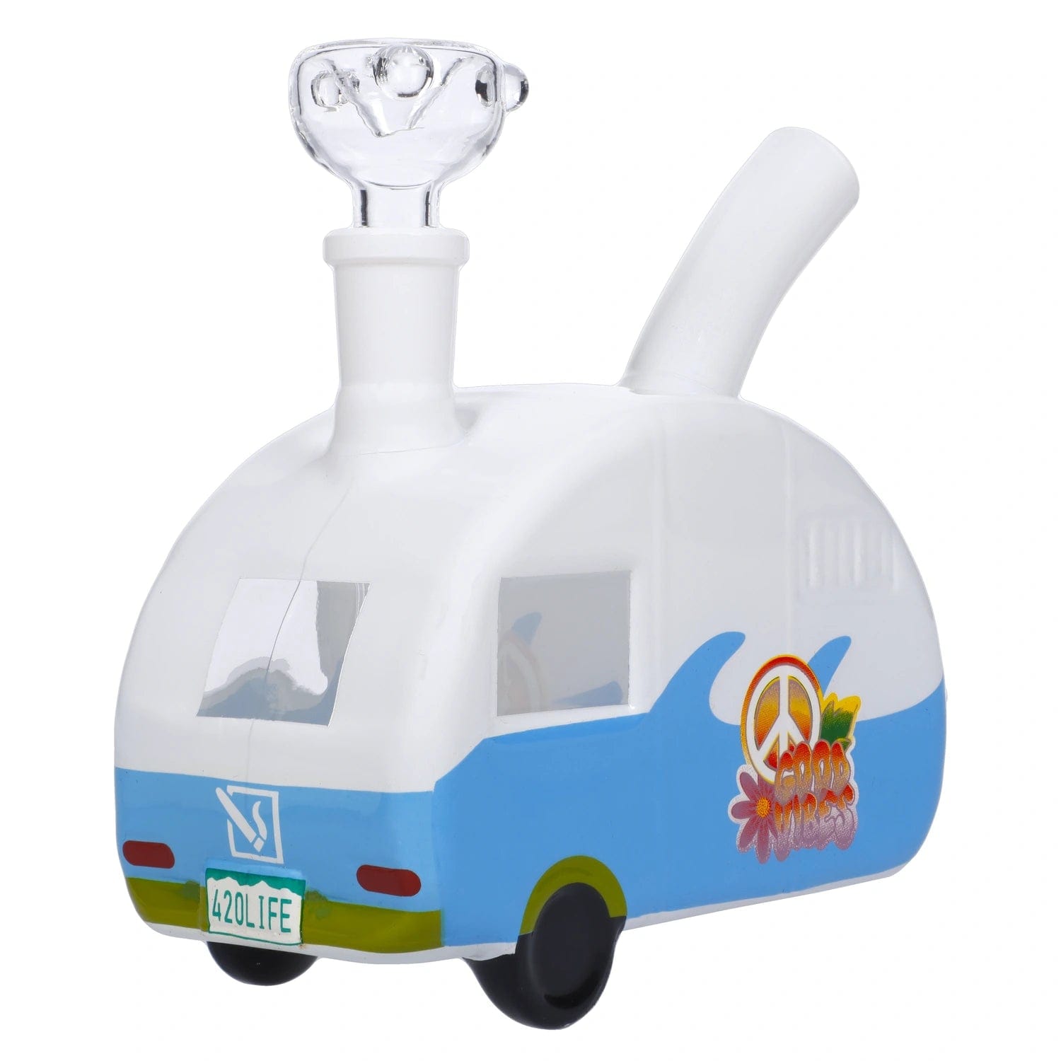 A side view of the “Trailer Park Trip” Smoking Box, shaped like a vintage trailer with a blue and white color scheme.