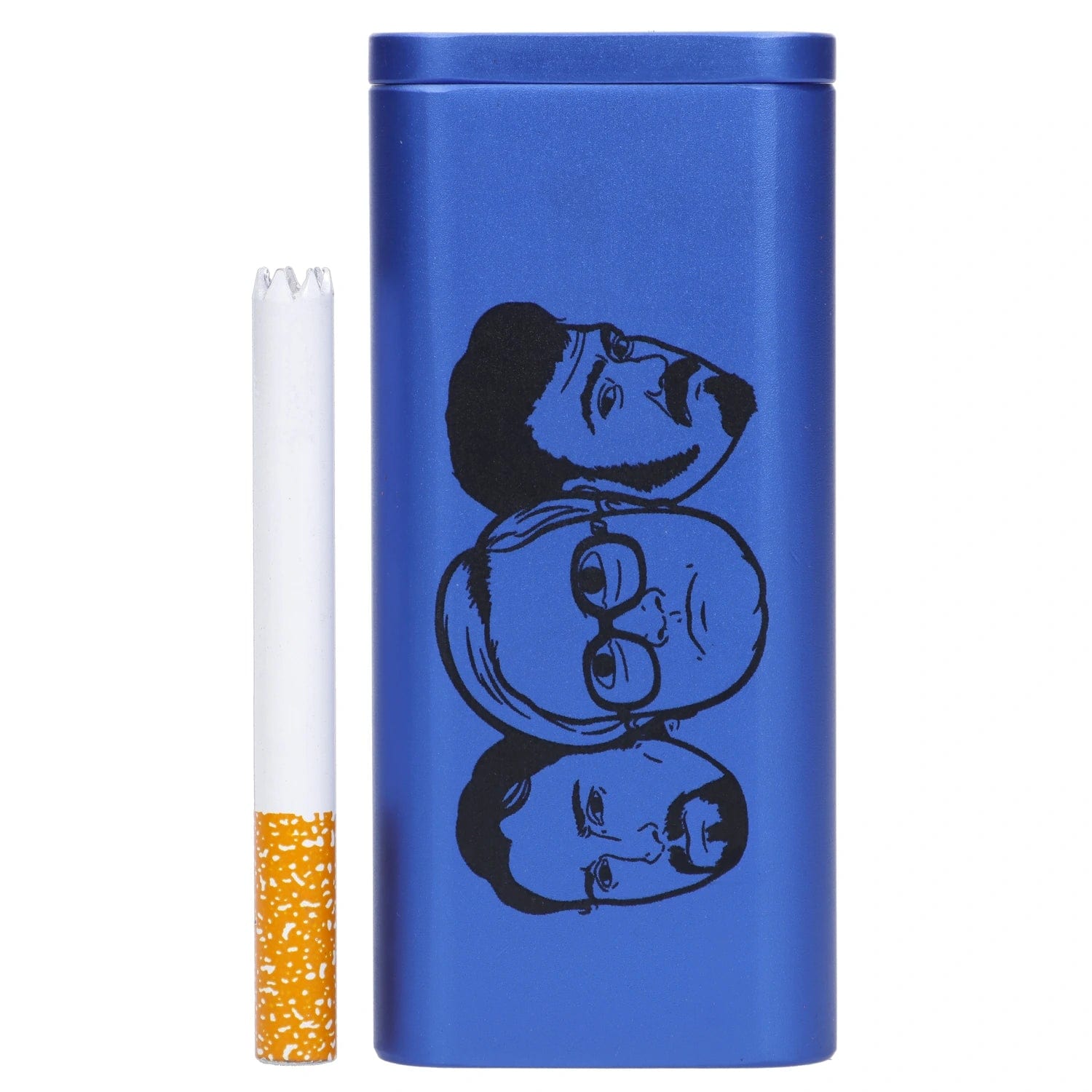 Front view of the “Trailer Park Trip” Smoking Box, a metallic blue container with a textured top edge.