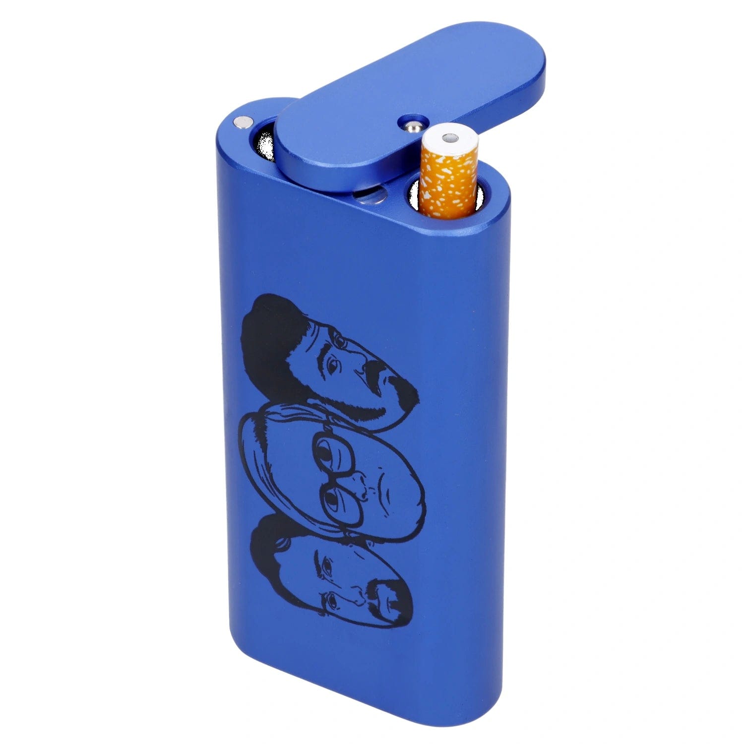 A front view of the “Trailer Park Trip” Smoking Box shows a blue container with a joint inserted into the top opening.
